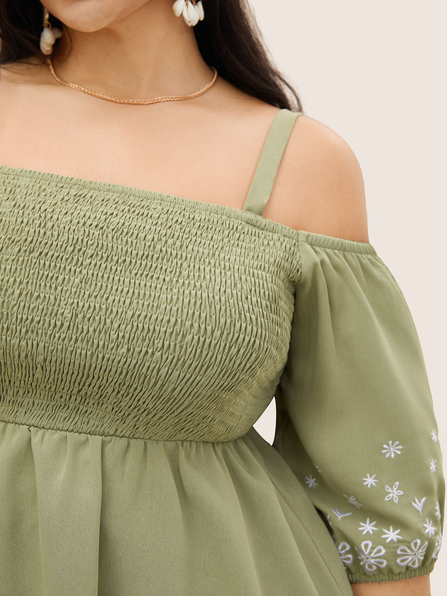 Plus Size Mint Floral Embroidered Shirred Off Shoulder Blouse Women Resort Half Sleeve One-shoulder neck Vacation Blouses BloomChic 28/5X 