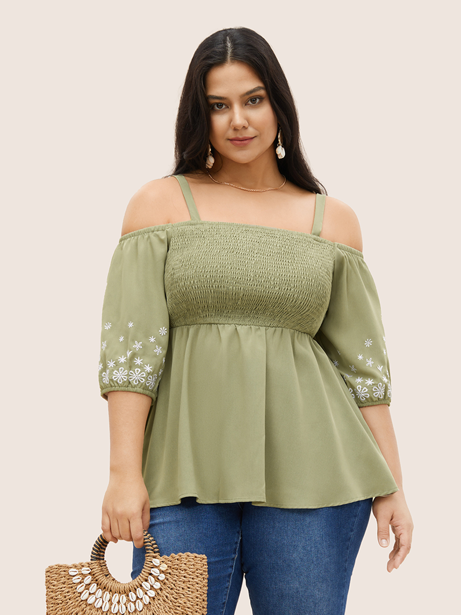 

Plus Size Mint Floral Embroidered Shirred Off Shoulder Blouse Women Resort Half Sleeve One-shoulder neck Vacation Blouses BloomChic