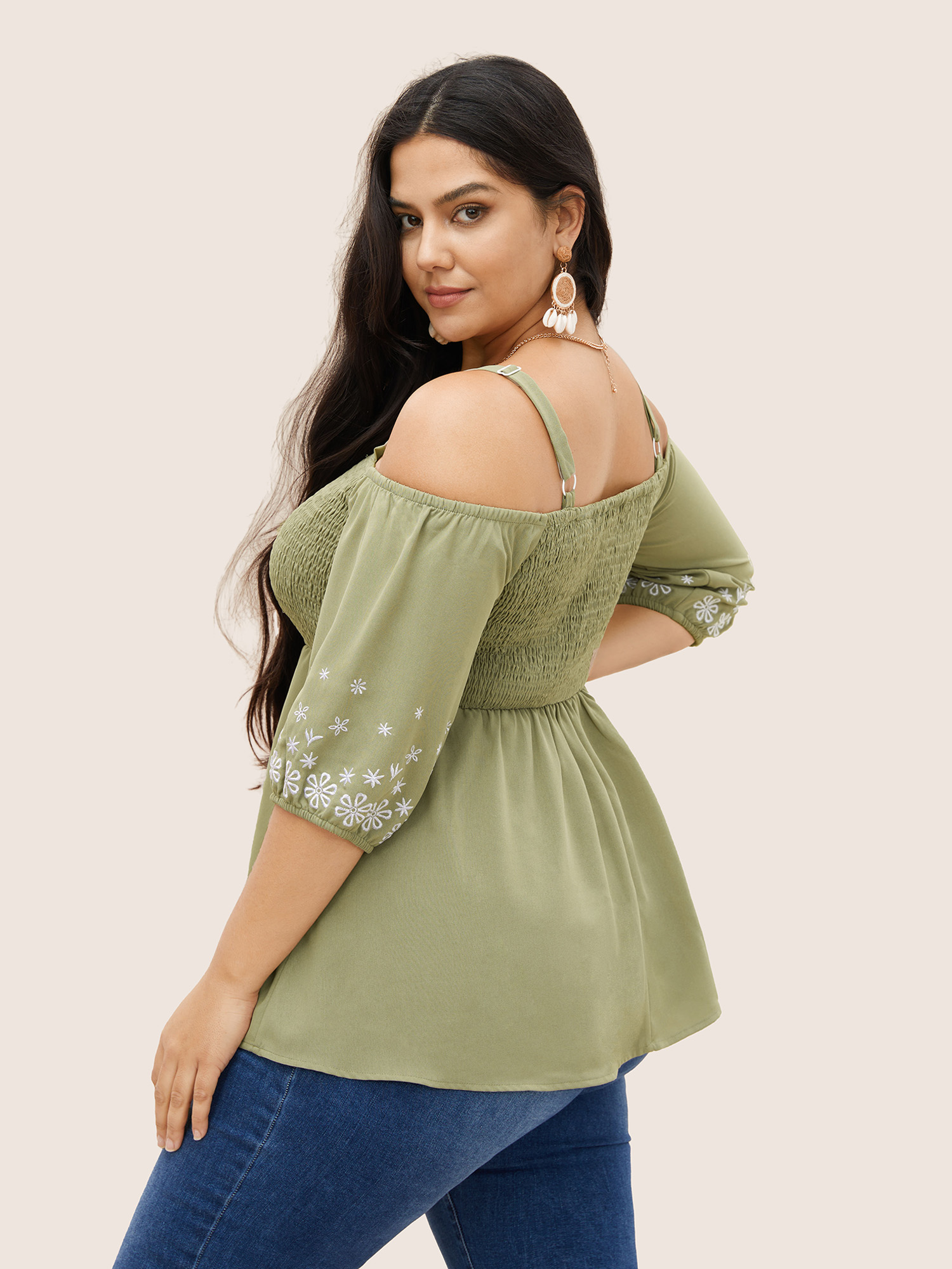 Plus Size Mint Floral Embroidered Shirred Off Shoulder Blouse Women Resort Half Sleeve One-shoulder neck Vacation Blouses BloomChic 28/5X 