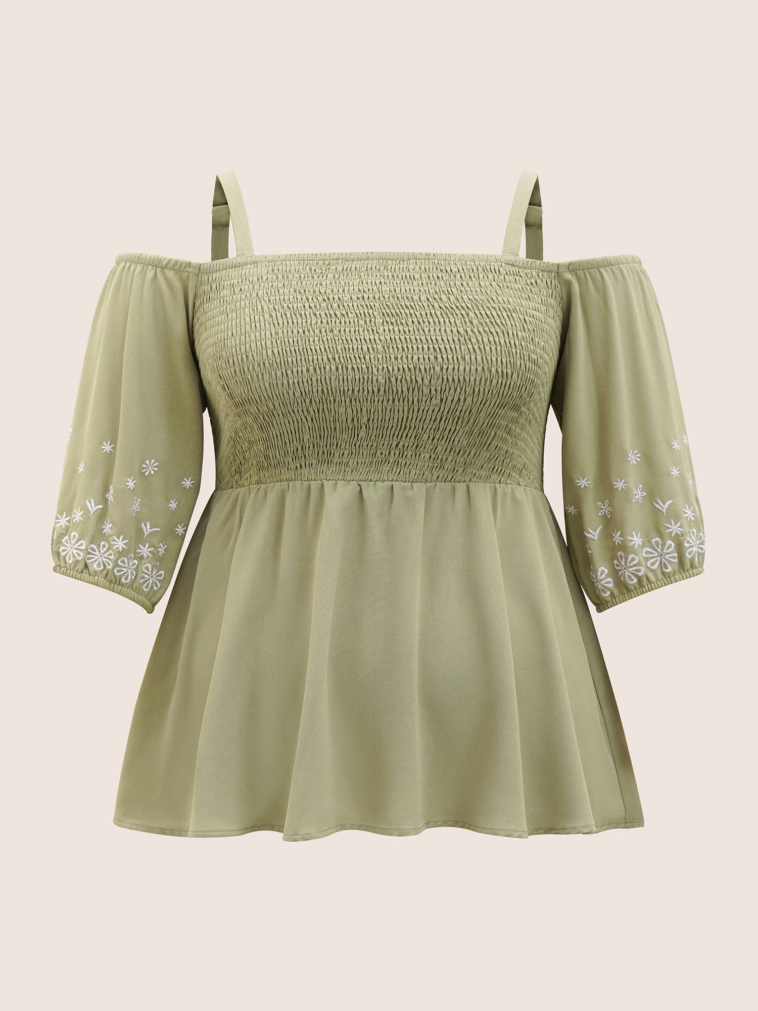 Plus Size Mint Floral Embroidered Shirred Off Shoulder Blouse Women Resort Half Sleeve One-shoulder neck Vacation Blouses BloomChic 28/5X 