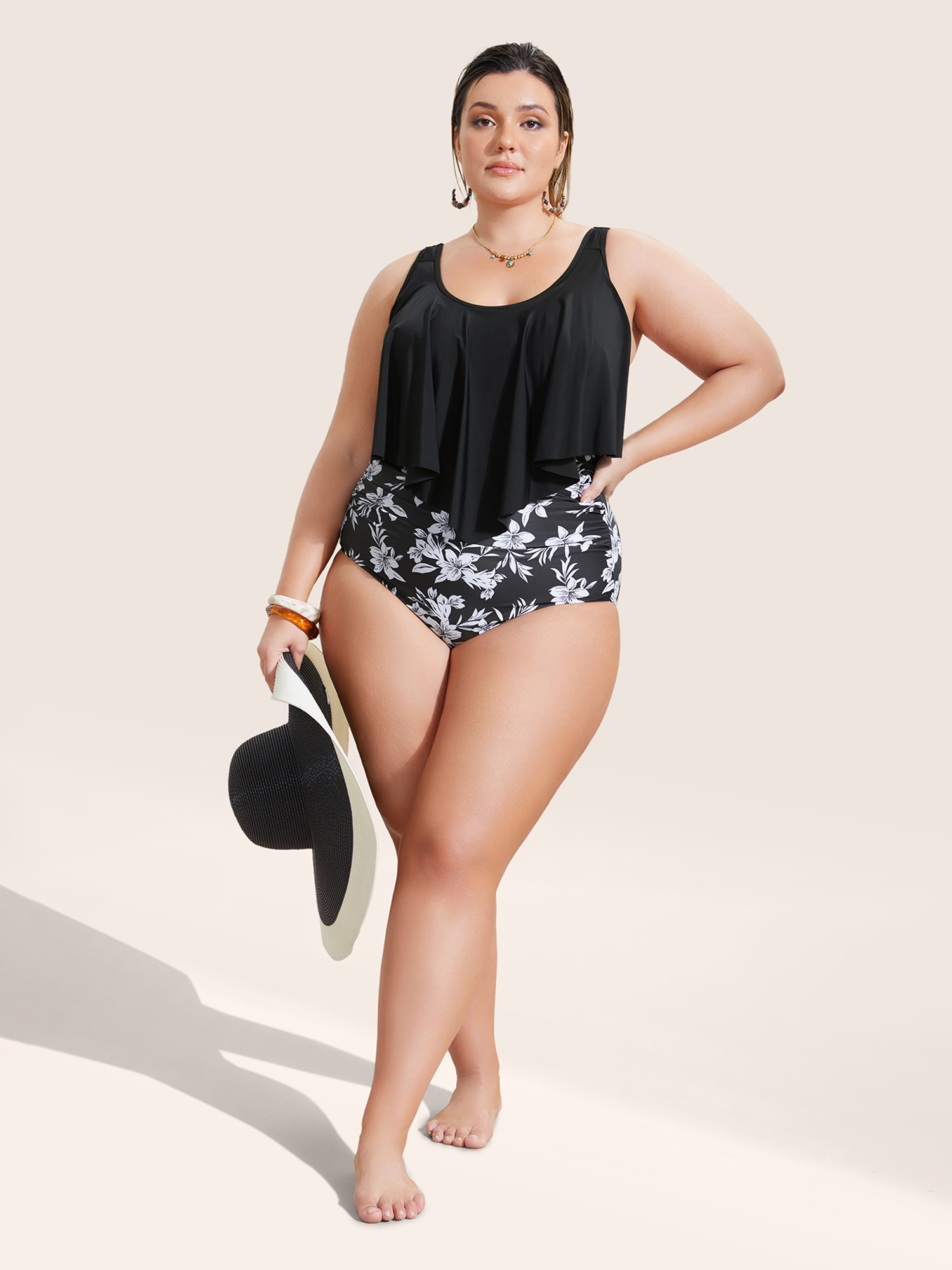 

Plus Size Floral Patchwork Tiered Ruffles One Piece Swimsuit Women's Swimwear Black Beach Gathered Curve Bathing Suits High stretch One Pieces BloomChic