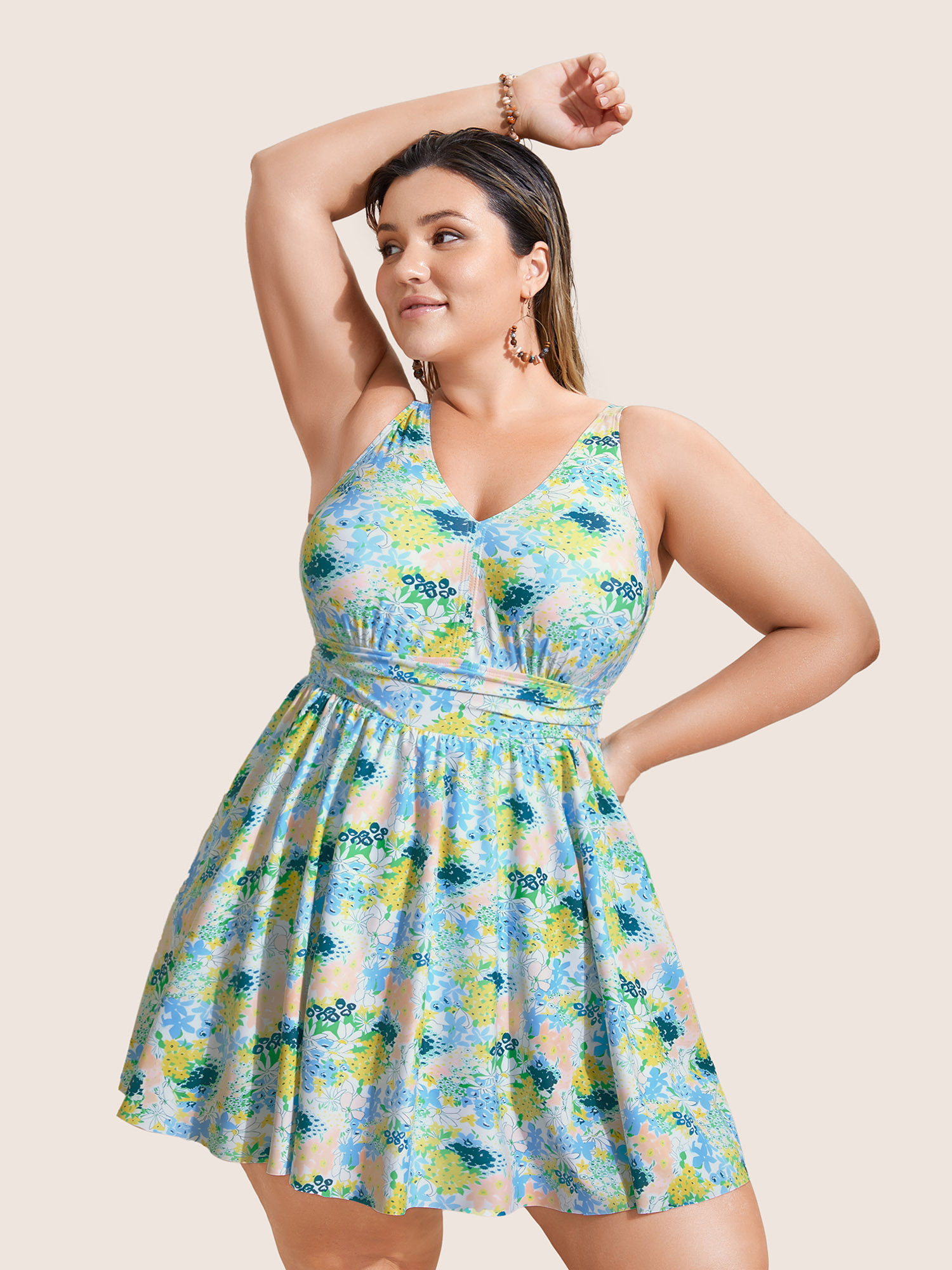 

Plus Size Floral Print V Neck Gathered Swim Dress Women's Swimwear Multicolor Beach Bodycon V-neck High stretch Curve Swim Dresses BloomChic