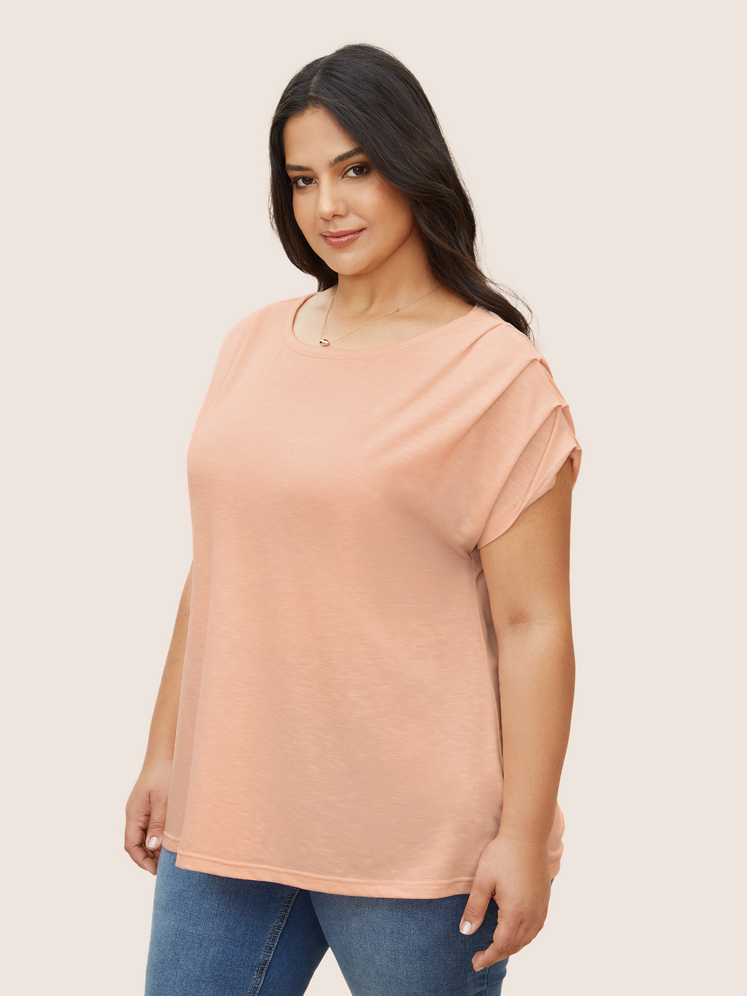 

Plus Size Plain Round Neck Gathered Batwing Sleeve T-shirt Crepe Women Elegant Gathered Round Neck Everyday T-shirts BloomChic