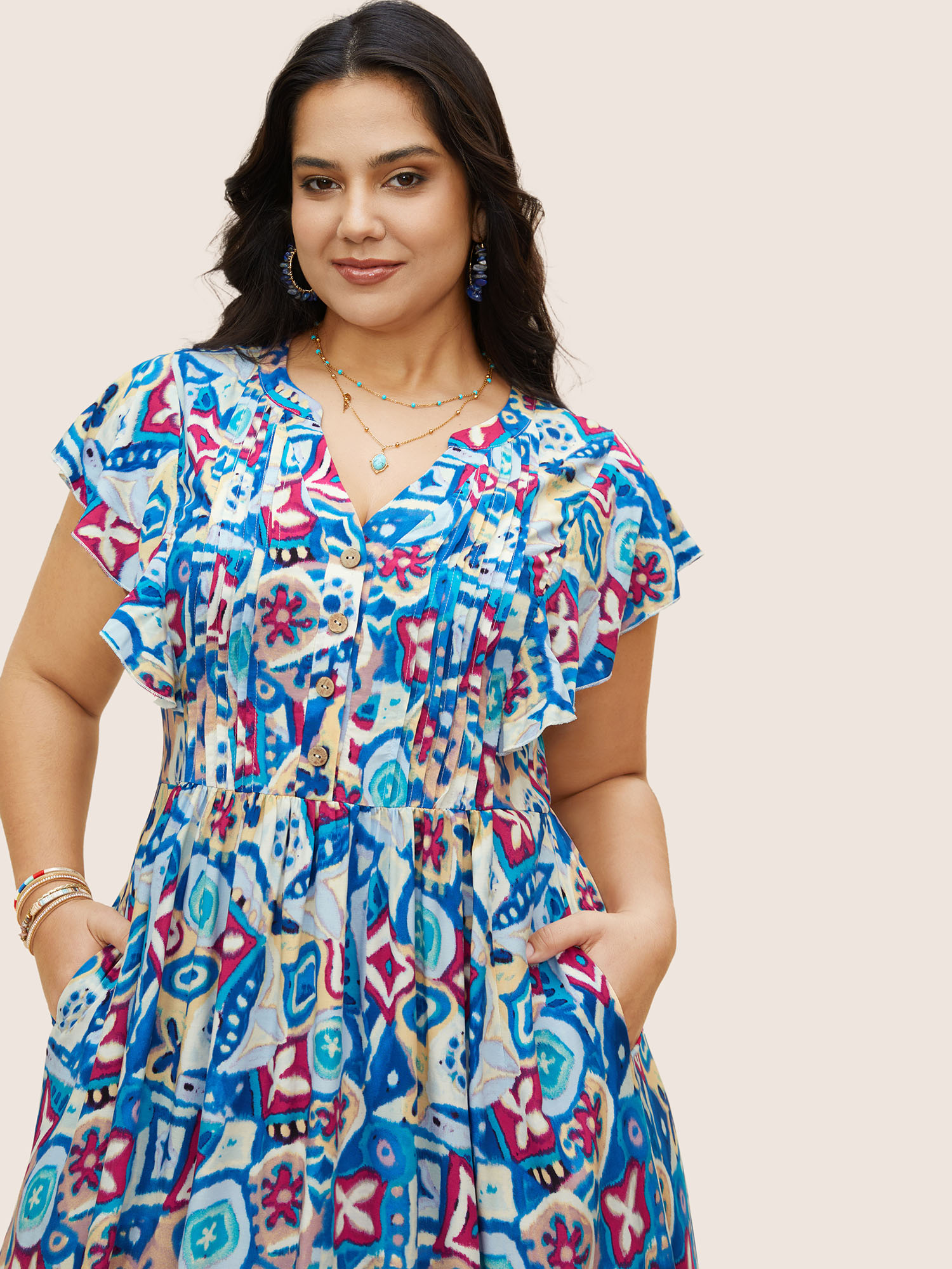 Plus Size Boho Print Pleated Ruffle Sleeve Dress Blue Women Ruffles Notched collar Cap Sleeve Curvy BloomChic 12/L 
