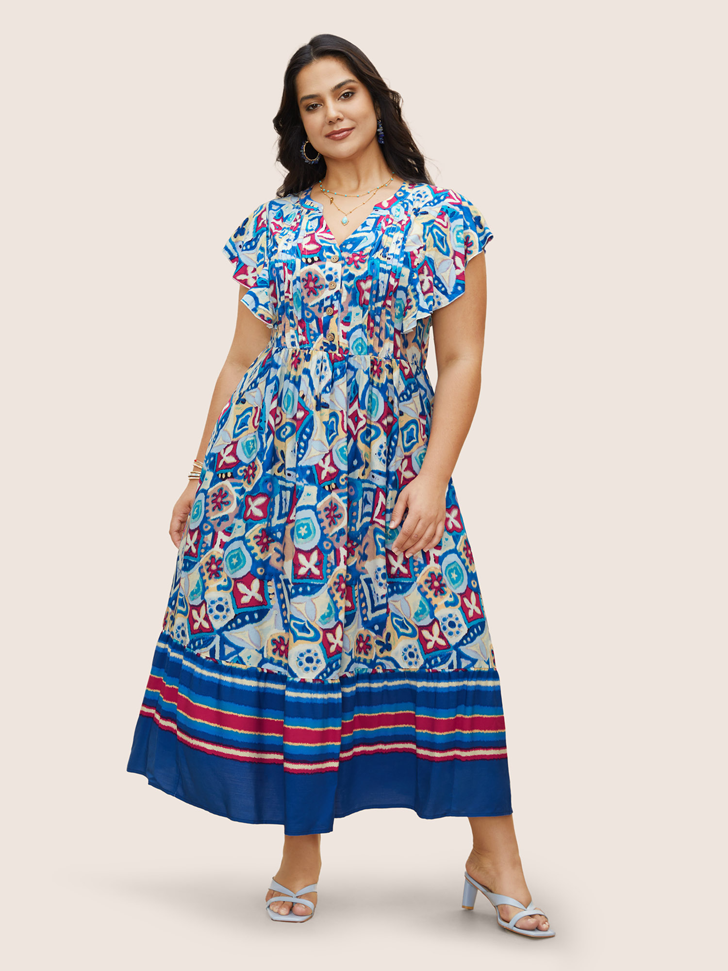 Plus Size Boho Print Pleated Ruffle Sleeve Dress Blue Women Ruffles Notched collar Cap Sleeve Curvy BloomChic 12/L 