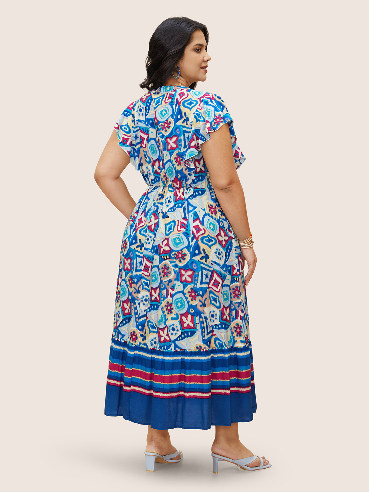 Plus Size Boho Print Pleated Ruffle Sleeve Dress Blue Women Ruffles Notched collar Cap Sleeve Curvy BloomChic 12/L 