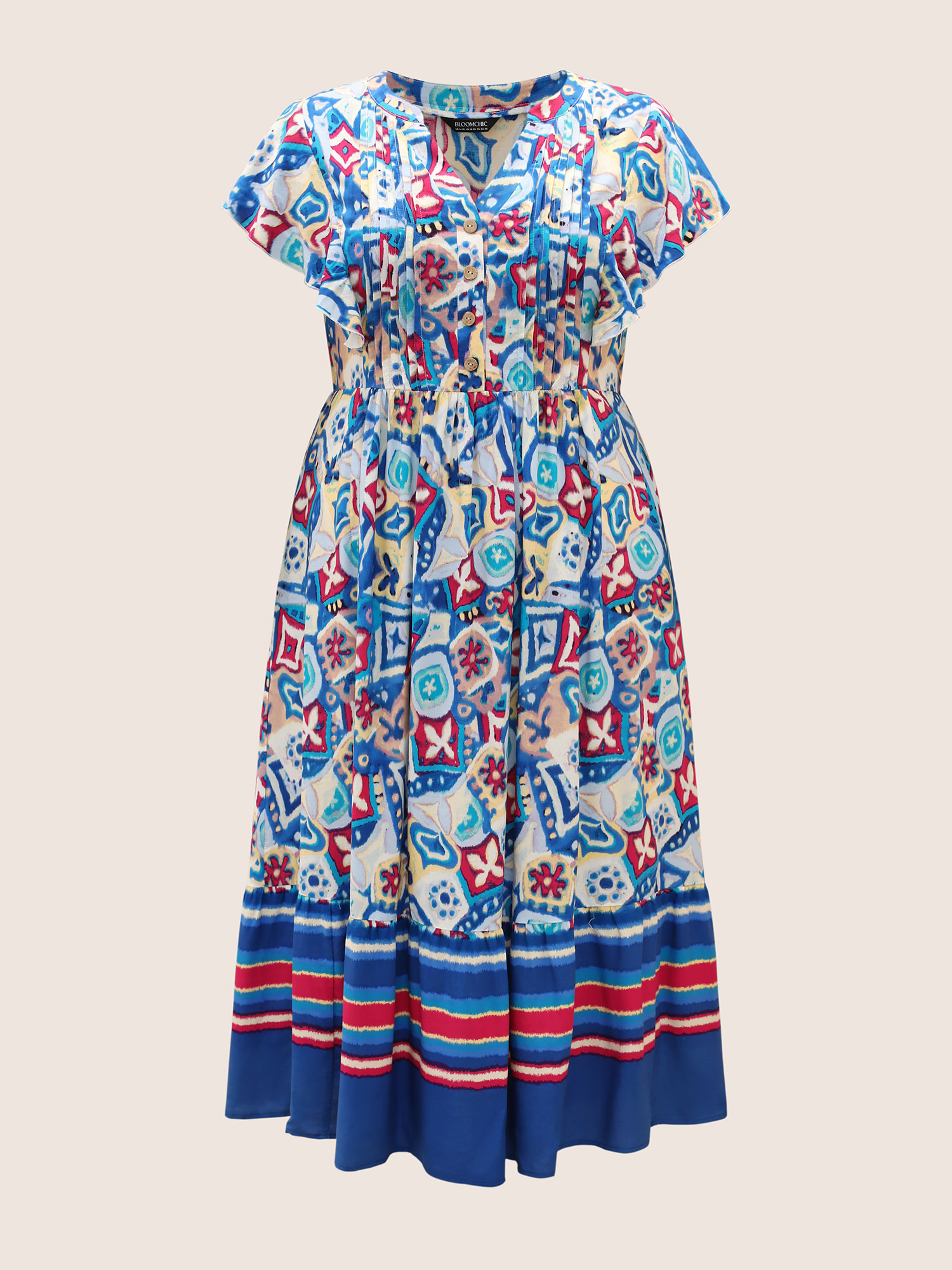 Plus Size Boho Print Pleated Ruffle Sleeve Dress Blue Women Ruffles Notched collar Cap Sleeve Curvy BloomChic 12/L 