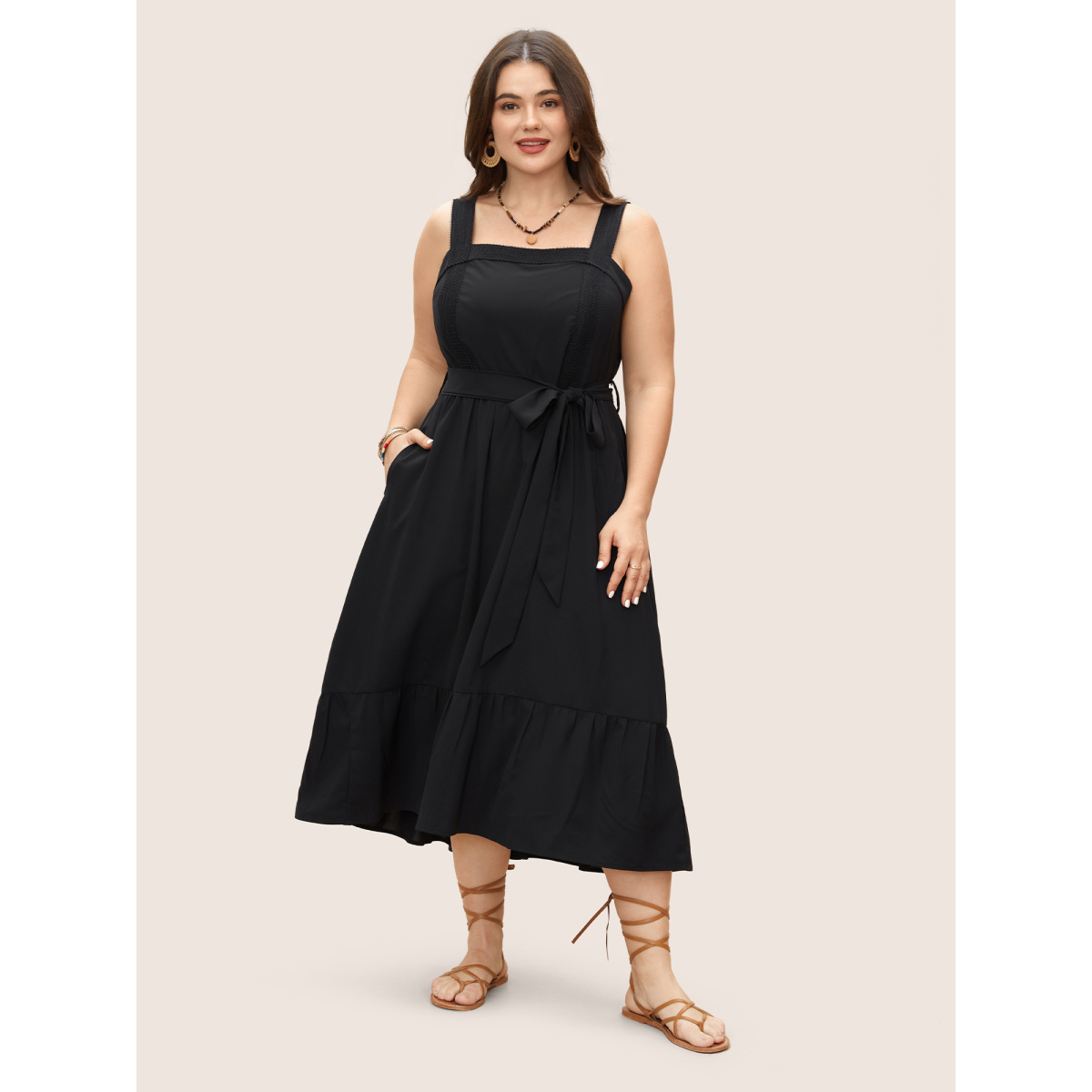 

Plus Size Square Neck Lace Insert Belted Pocket Dress Black Women Belted Square Neck Sleeveless Curvy BloomChic