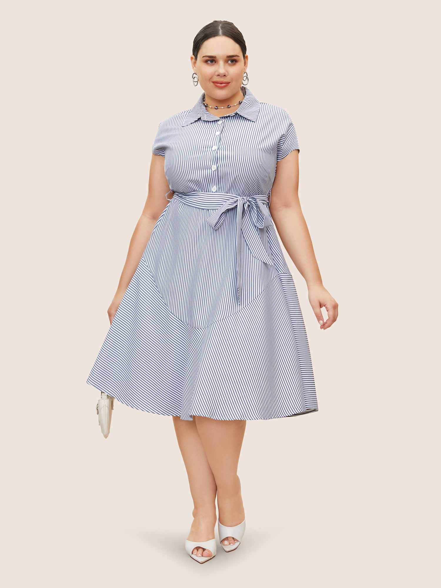 

Plus Size Shirt Collar Striped Cap Sleeve Dress SlateGray Women At the Office Belted Shirt collar Sleeveless Curvy BloomChic