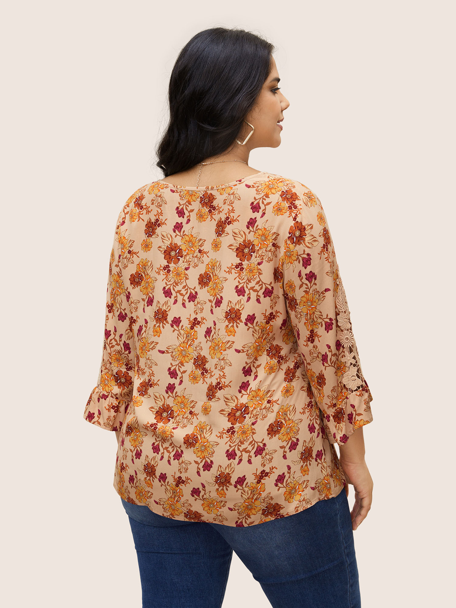 Plus Size Wheat Boho Print Guipure Lace Ruffles Blouse Women Resort Elbow-length sleeve V-neck Vacation Blouses BloomChic 18-20/2X 