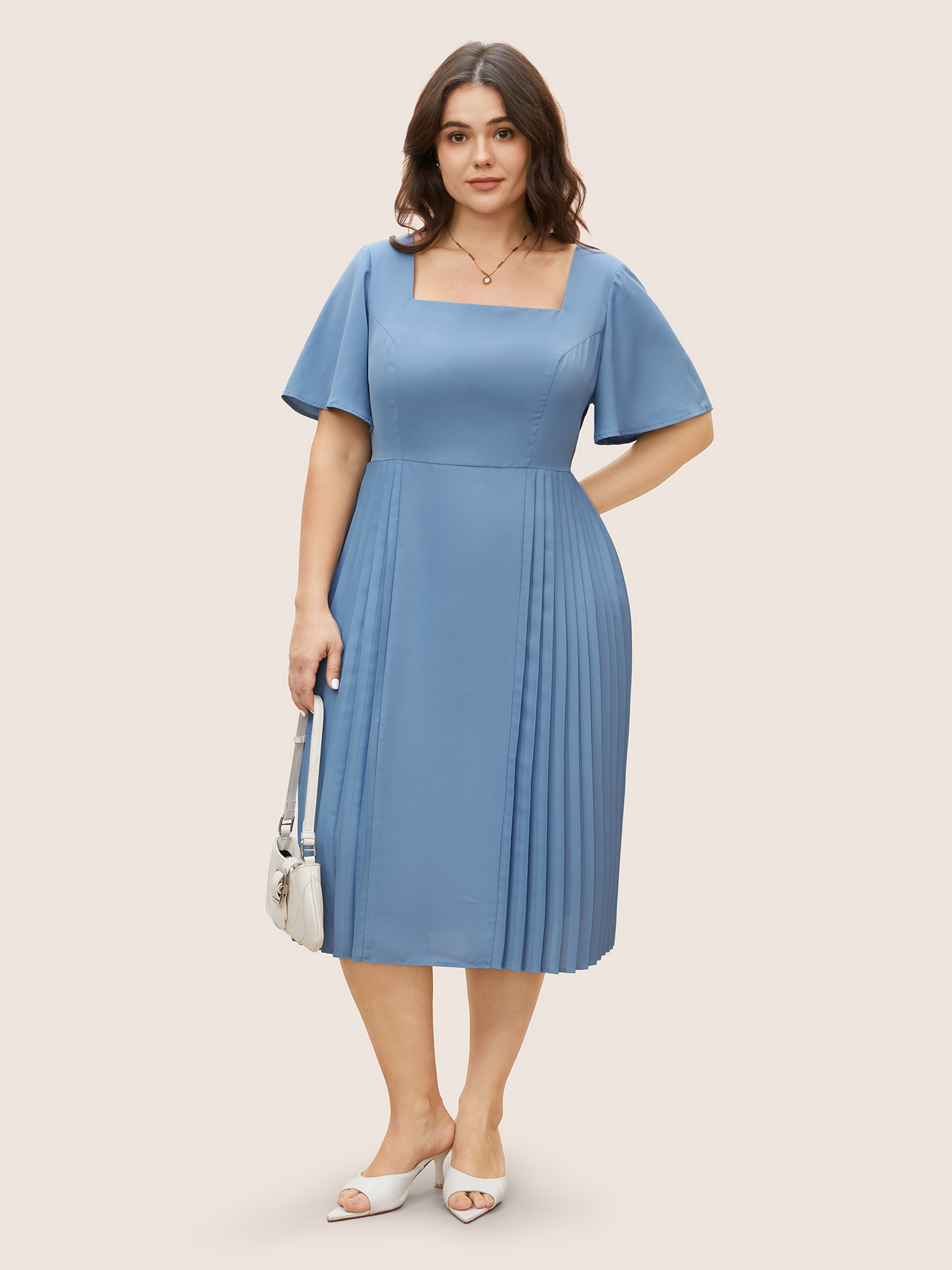 

Plus Size Square Neck Plain Pleated Ruffle Sleeve Dress Stone Women At the Office Pleated Square Neck Short sleeve Curvy BloomChic