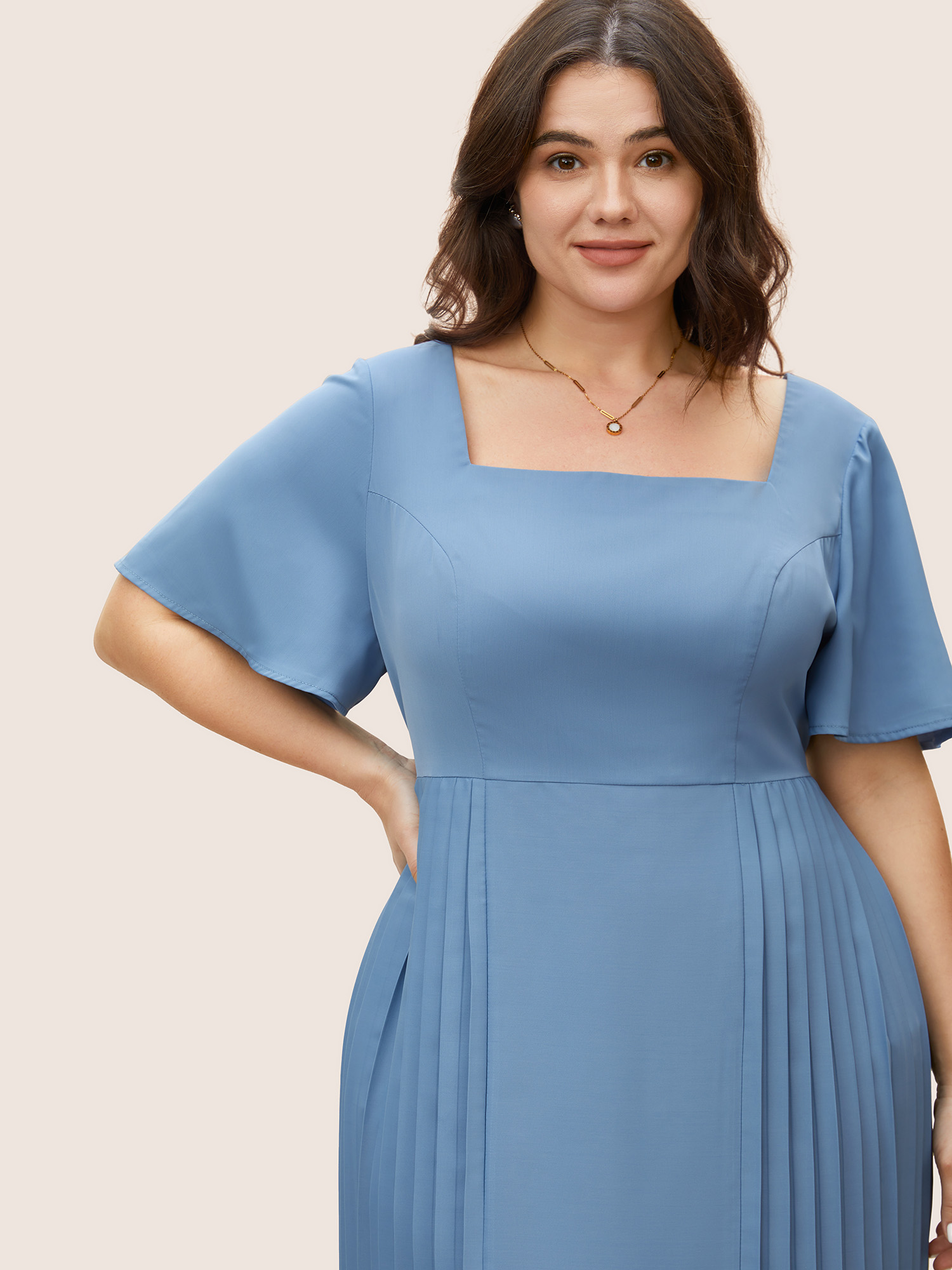 Plus Size Square Neck Plain Pleated Ruffle Sleeve Dress Stone Women Pleated Square Neck Short sleeve Curvy BloomChic 10/M 