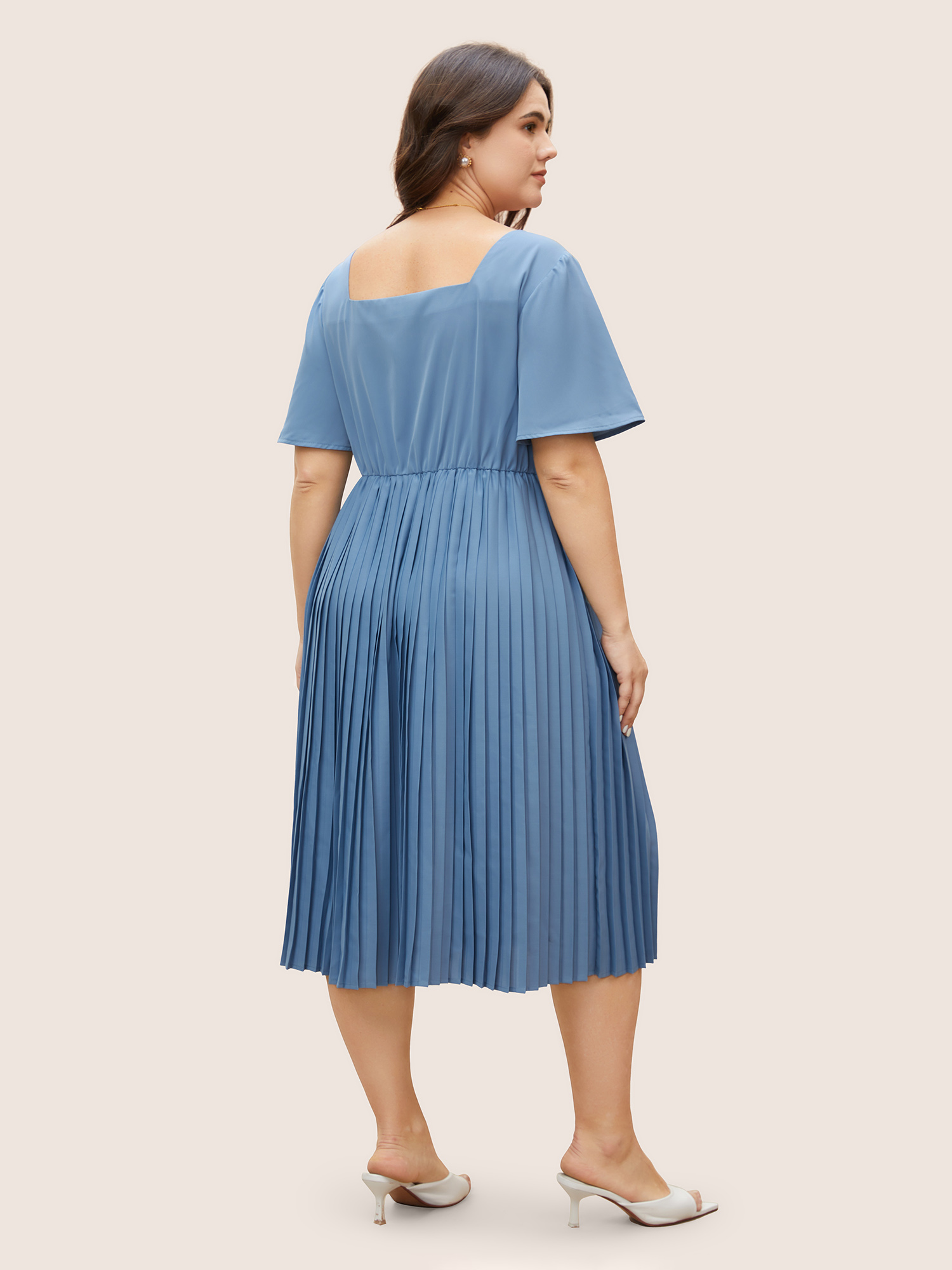 Plus Size Square Neck Plain Pleated Ruffle Sleeve Dress Stone Women Pleated Square Neck Short sleeve Curvy BloomChic 10/M 