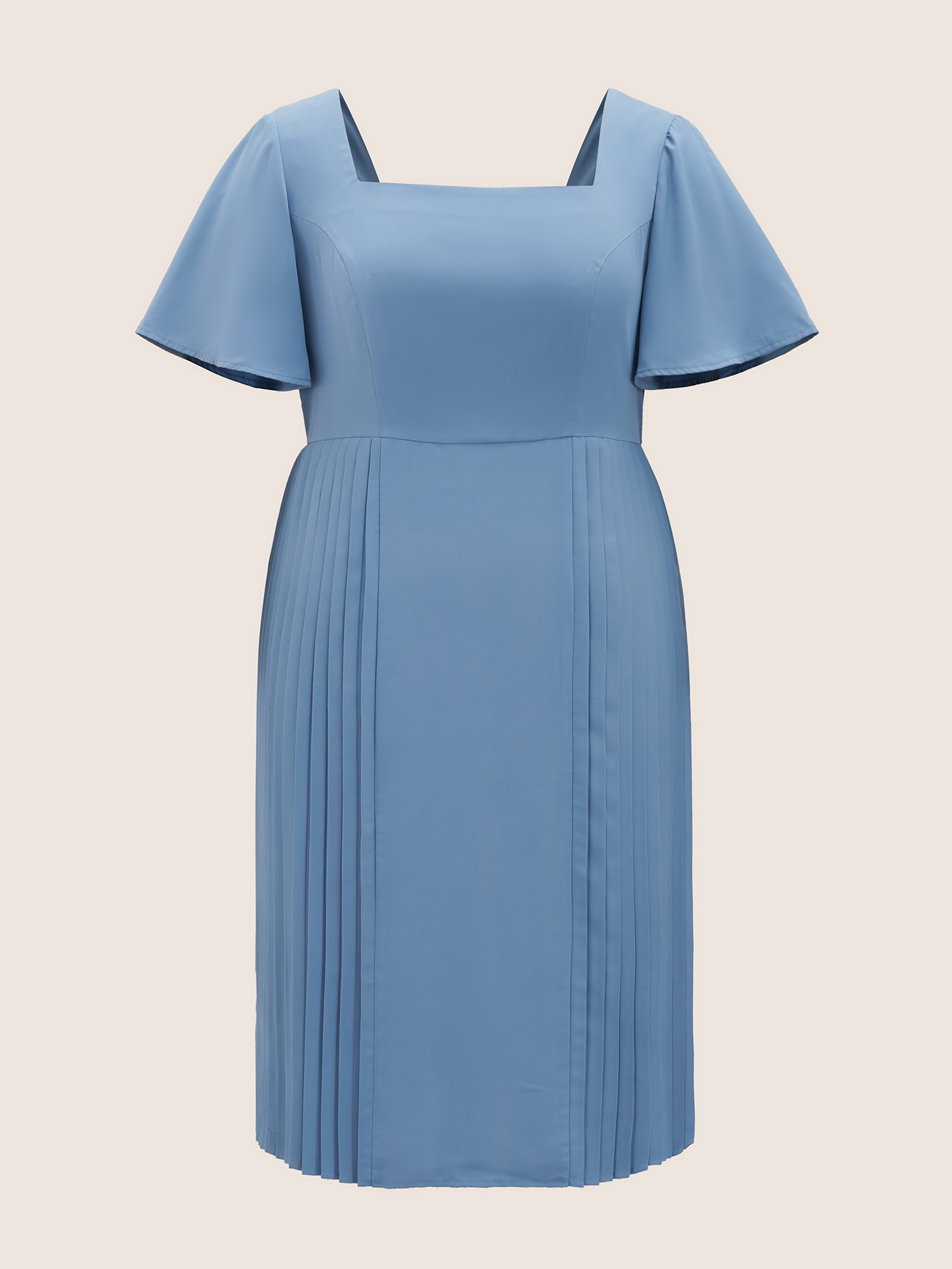 Plus Size Square Neck Plain Pleated Ruffle Sleeve Dress Stone Women Pleated Square Neck Short sleeve Curvy BloomChic 10/M 