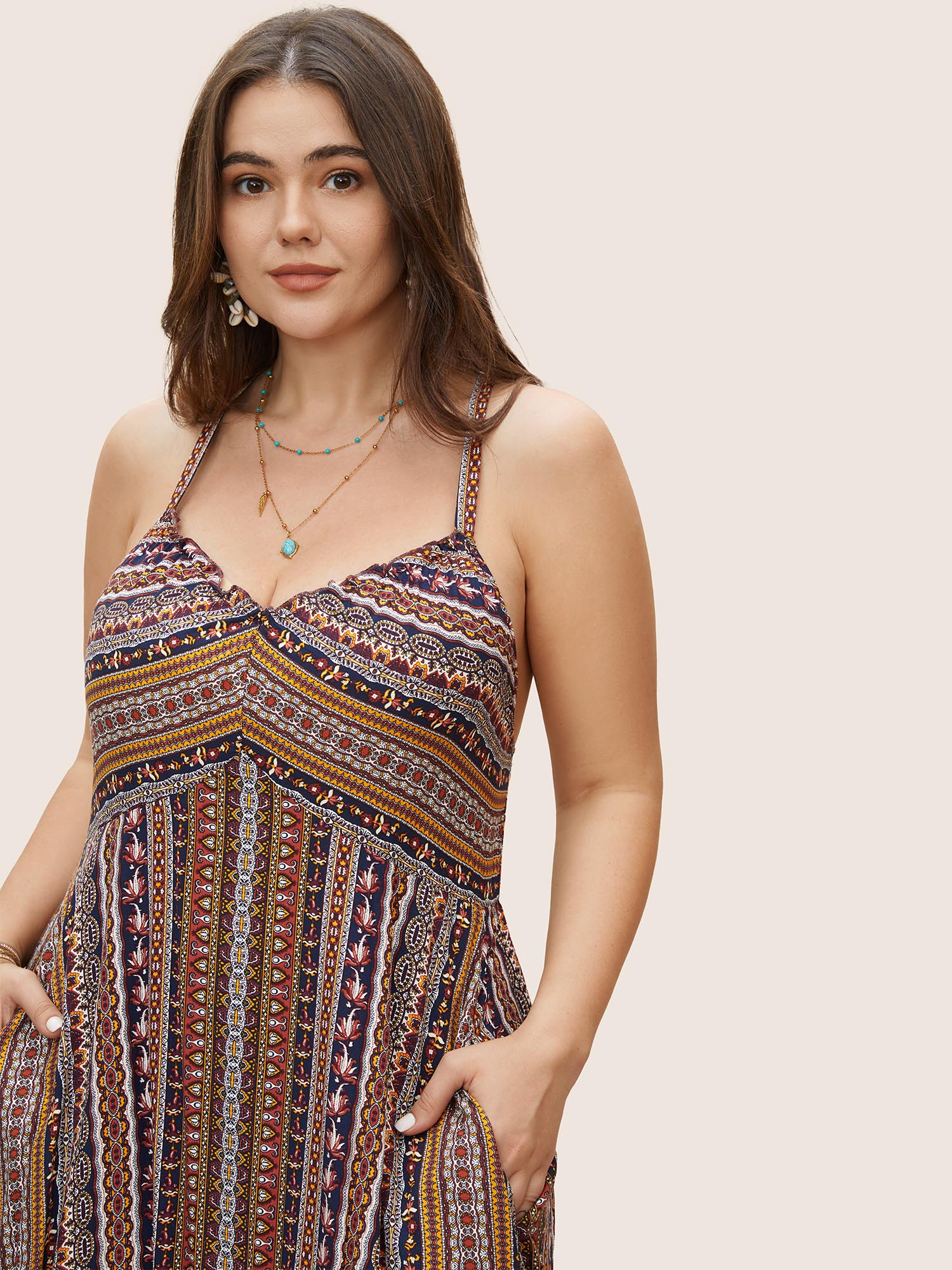 Plus Size Boho Print Elastic Waist Split Hem Cami Dress Navy Women Non V-neck Sleeveless Curvy BloomChic 10/M 