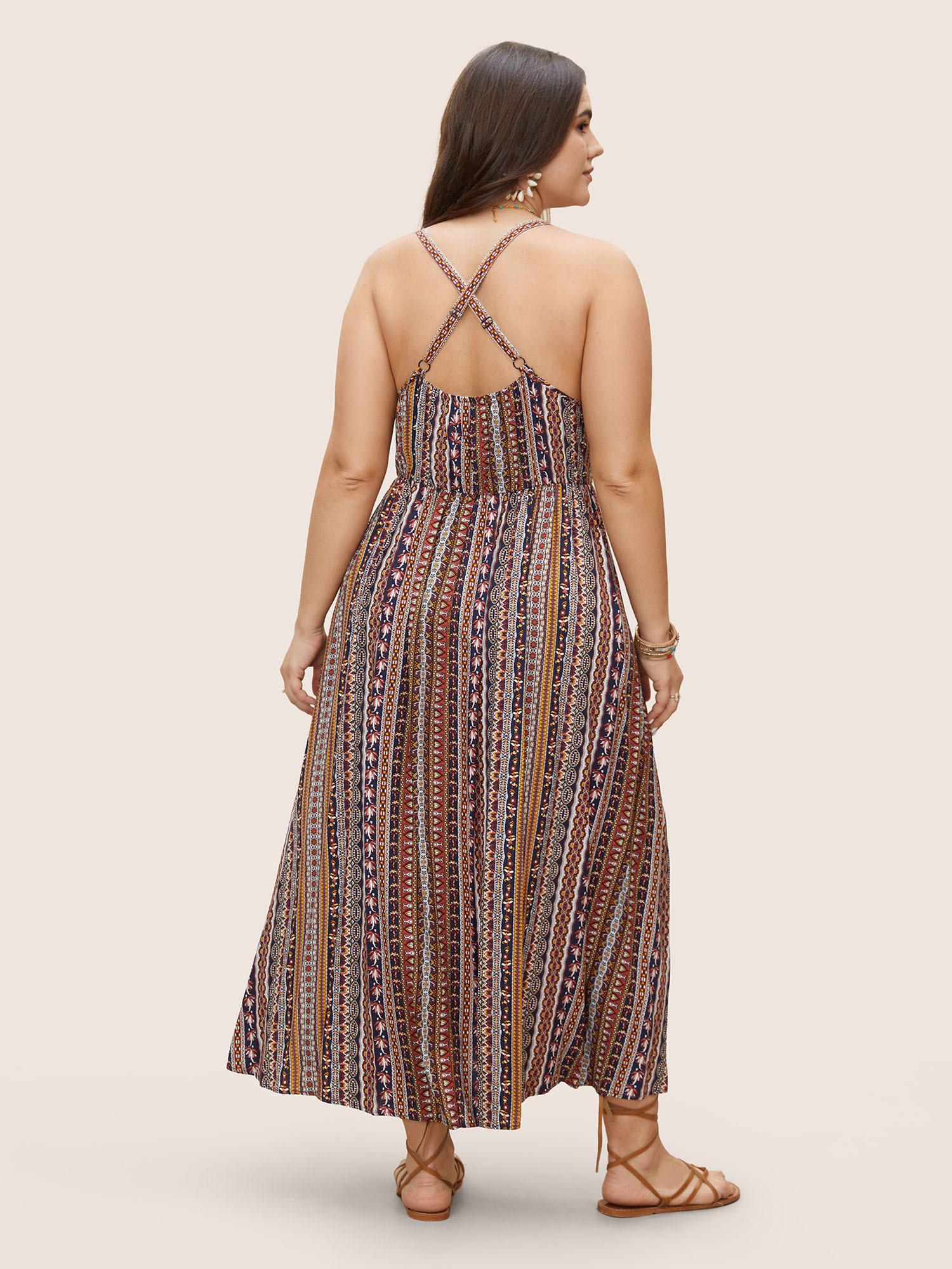 Plus Size Boho Print Elastic Waist Split Hem Cami Dress Navy Women Non V-neck Sleeveless Curvy BloomChic 10/M 