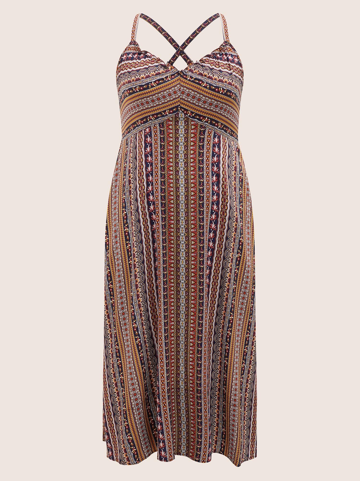 Plus Size Boho Print Elastic Waist Split Hem Cami Dress Navy Women Non V-neck Sleeveless Curvy BloomChic 10/M 