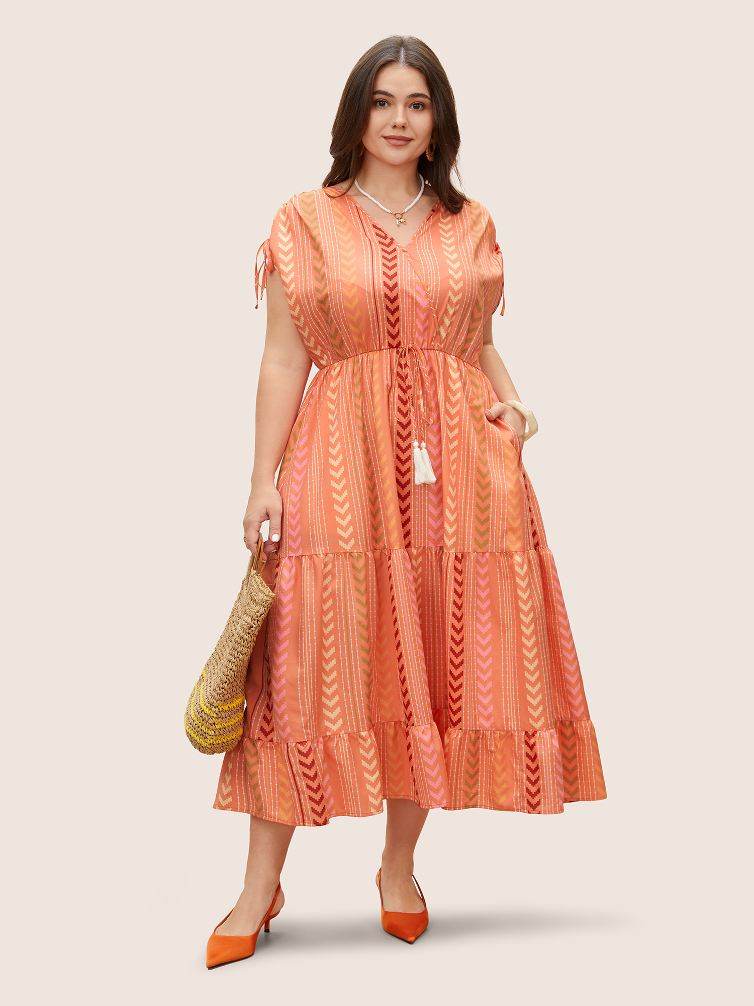 

Plus Size Boho Print Wrap Tie Drawstring Dress Coral Women Resort Overlapping V-neck Sleeveless Curvy BloomChic