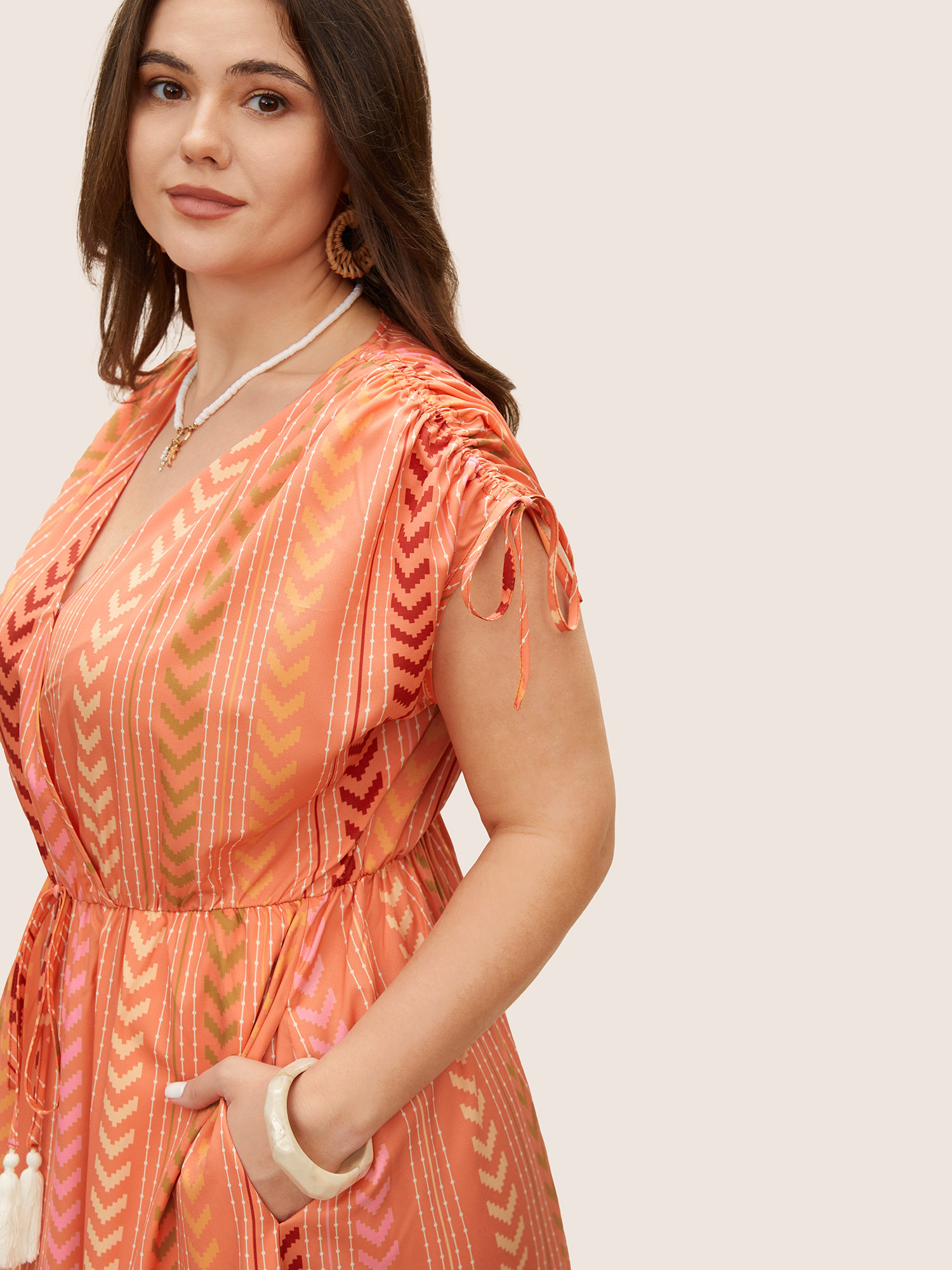 

Plus Size Boho Print Wrap Tie Drawstring Dress Coral Women Resort Overlapping V-neck Sleeveless Curvy BloomChic