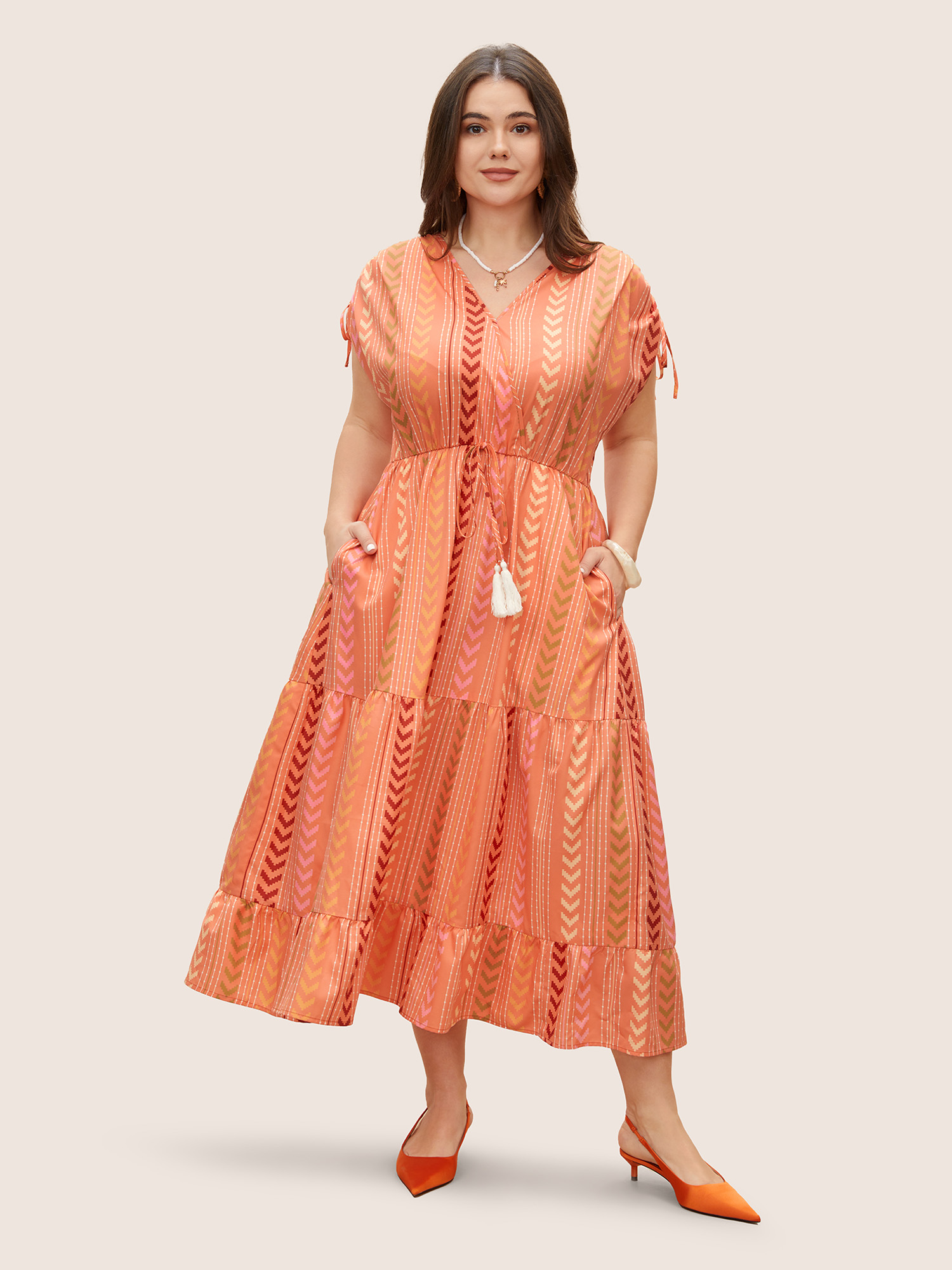 Plus Size Boho Print Wrap Tie Drawstring Dress Coral Women Resort Overlapping V-neck Sleeveless Curvy BloomChic 28/5X 