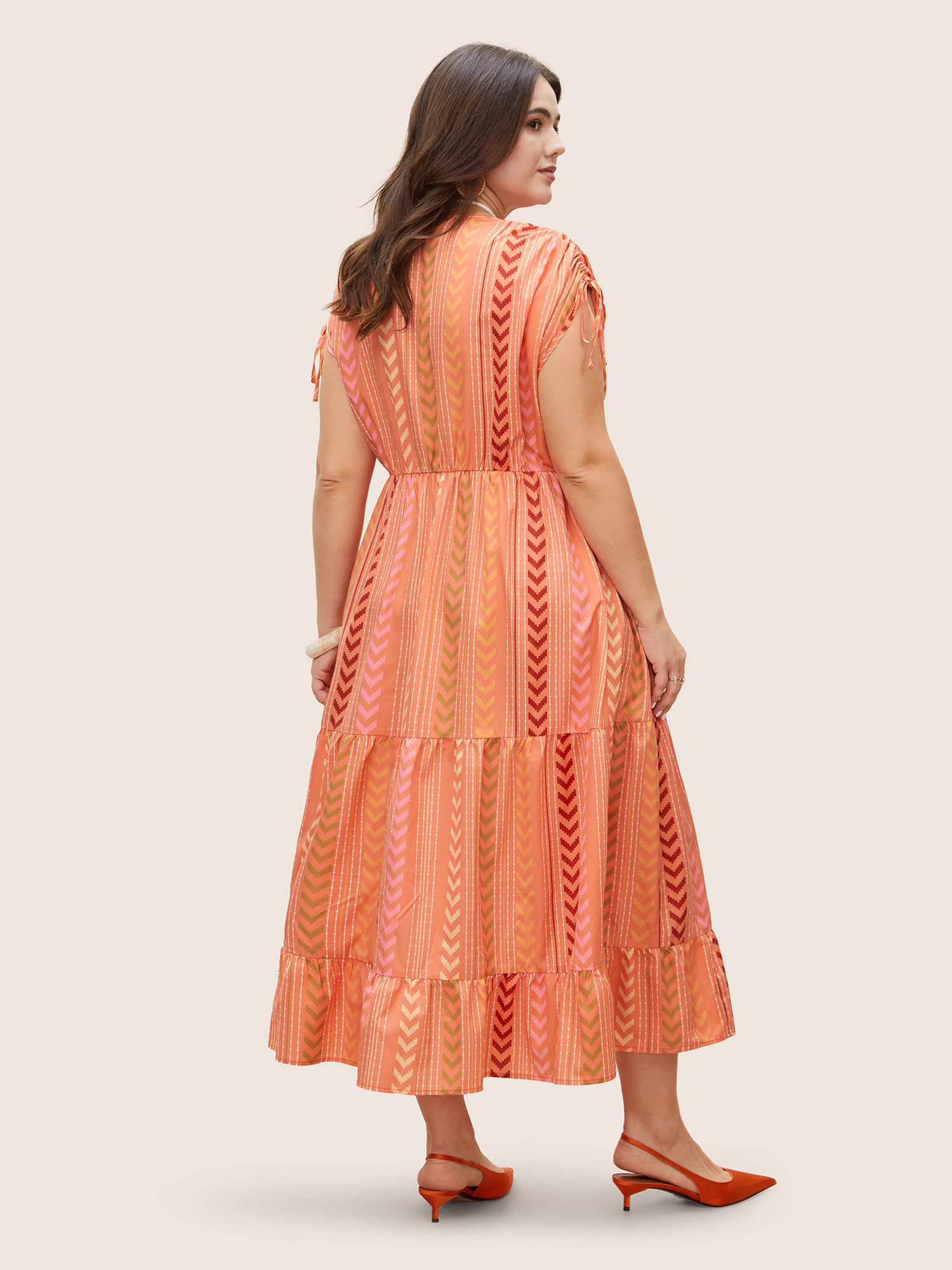 Plus Size Boho Print Wrap Tie Drawstring Dress Coral Women Resort Overlapping V-neck Sleeveless Curvy BloomChic 28/5X 