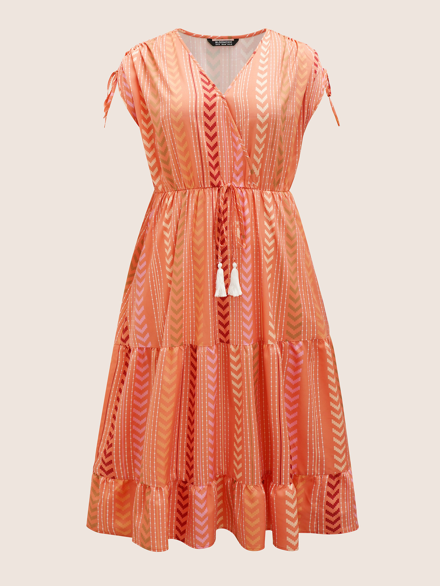 Plus Size Boho Print Wrap Tie Drawstring Dress Coral Women Resort Overlapping V-neck Sleeveless Curvy BloomChic 28/5X 