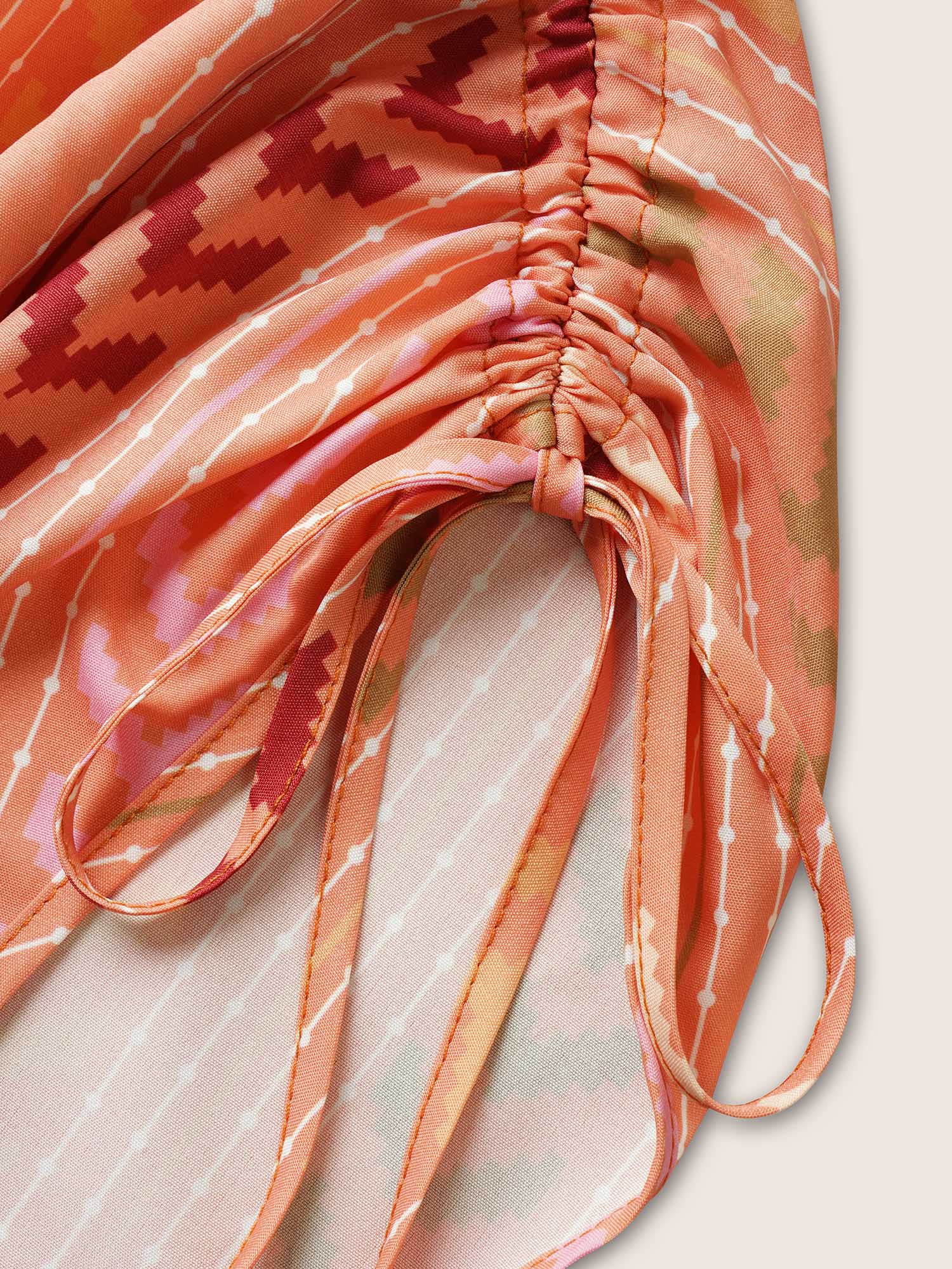 Plus Size Boho Print Wrap Tie Drawstring Dress Coral Women Resort Overlapping V-neck Sleeveless Curvy BloomChic 28/5X 