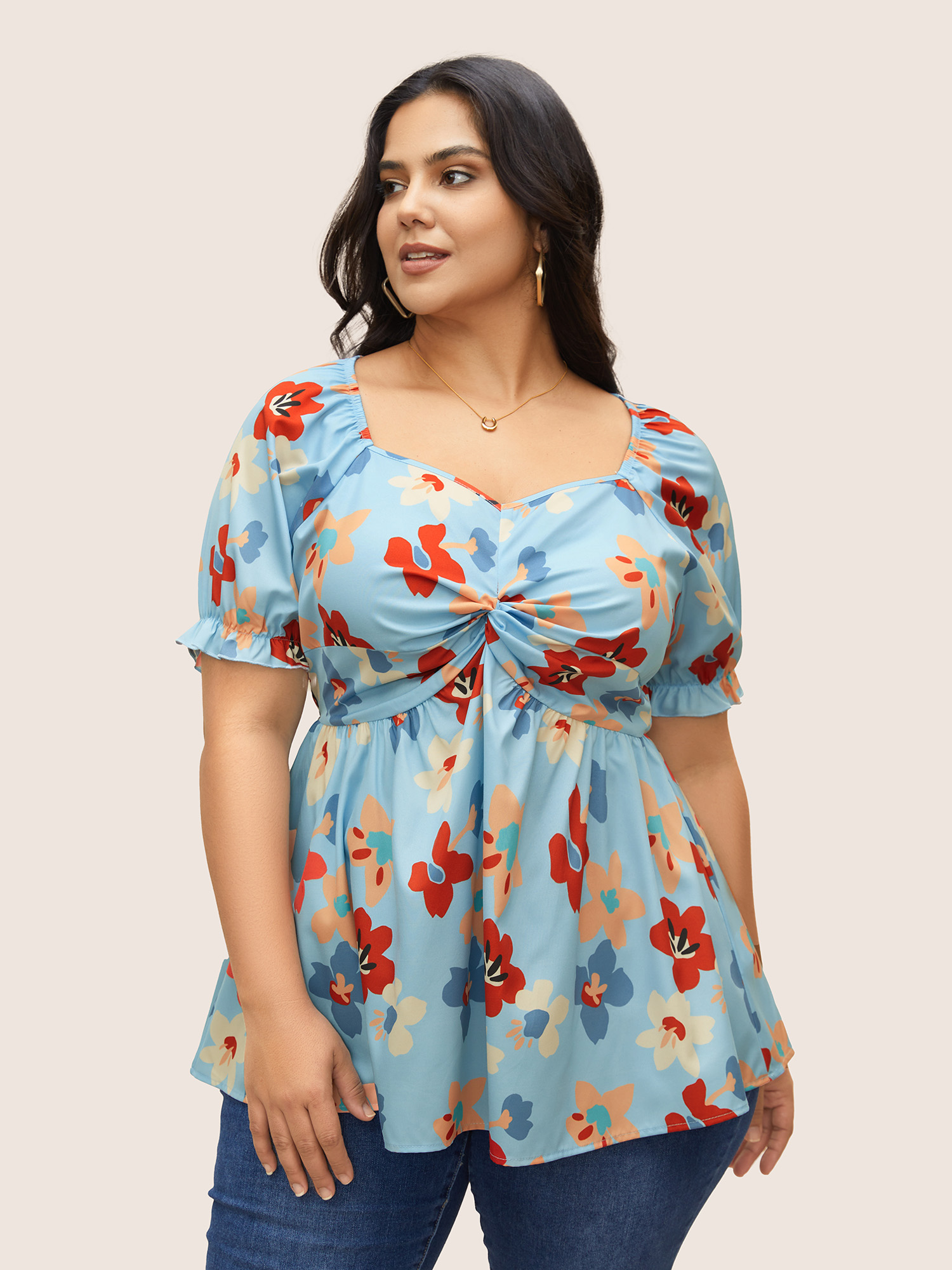 

Plus Size LightBlue Floral Square Neck Twist Front Elastic Waist Blouse Women Resort Short sleeve V-neck Vacation Blouses BloomChic