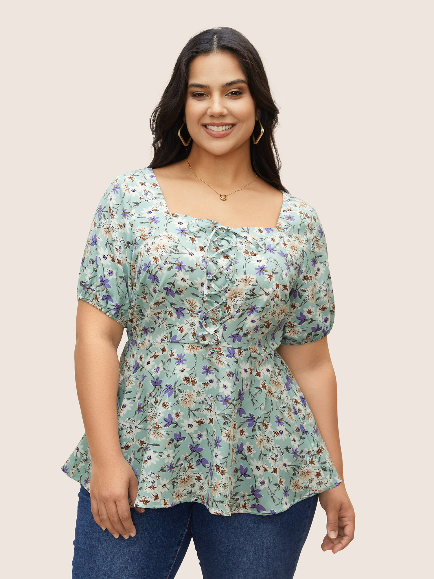 

Plus Size LightBlue Floral Lace Up Gathered Lantern Sleeve Blouse Women Elegant Short sleeve Square Neck Everyday Blouses BloomChic