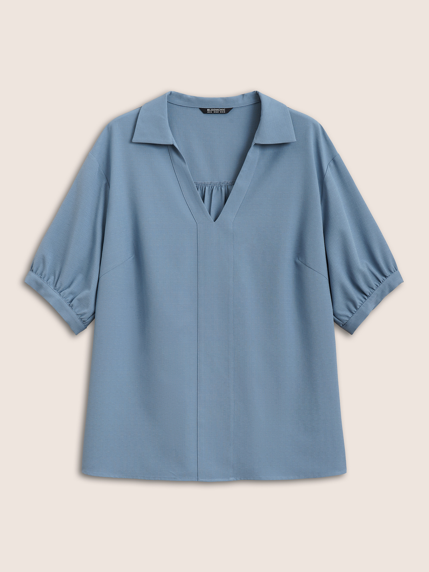 

Plus Size Stone Plain Lapel Collar Gathered Puff Sleeve Blouse Women Work From Home Half Sleeve V-neck Work Blouses BloomChic