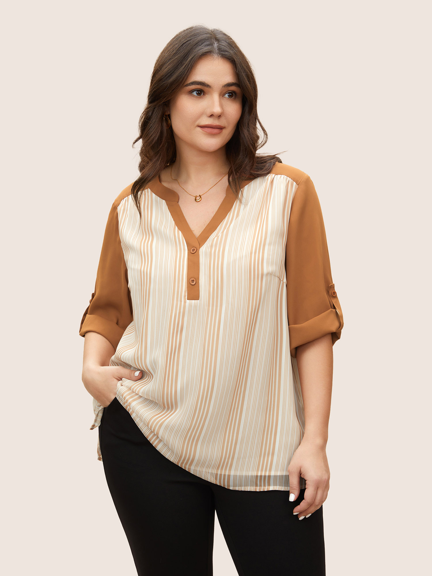 

Plus Size Chocolate Striped Patchwork Button Detail Tab Sleeve Blouse Women At the Office Elbow-length sleeve Flat collar with V-notch Work Blouses BloomChic