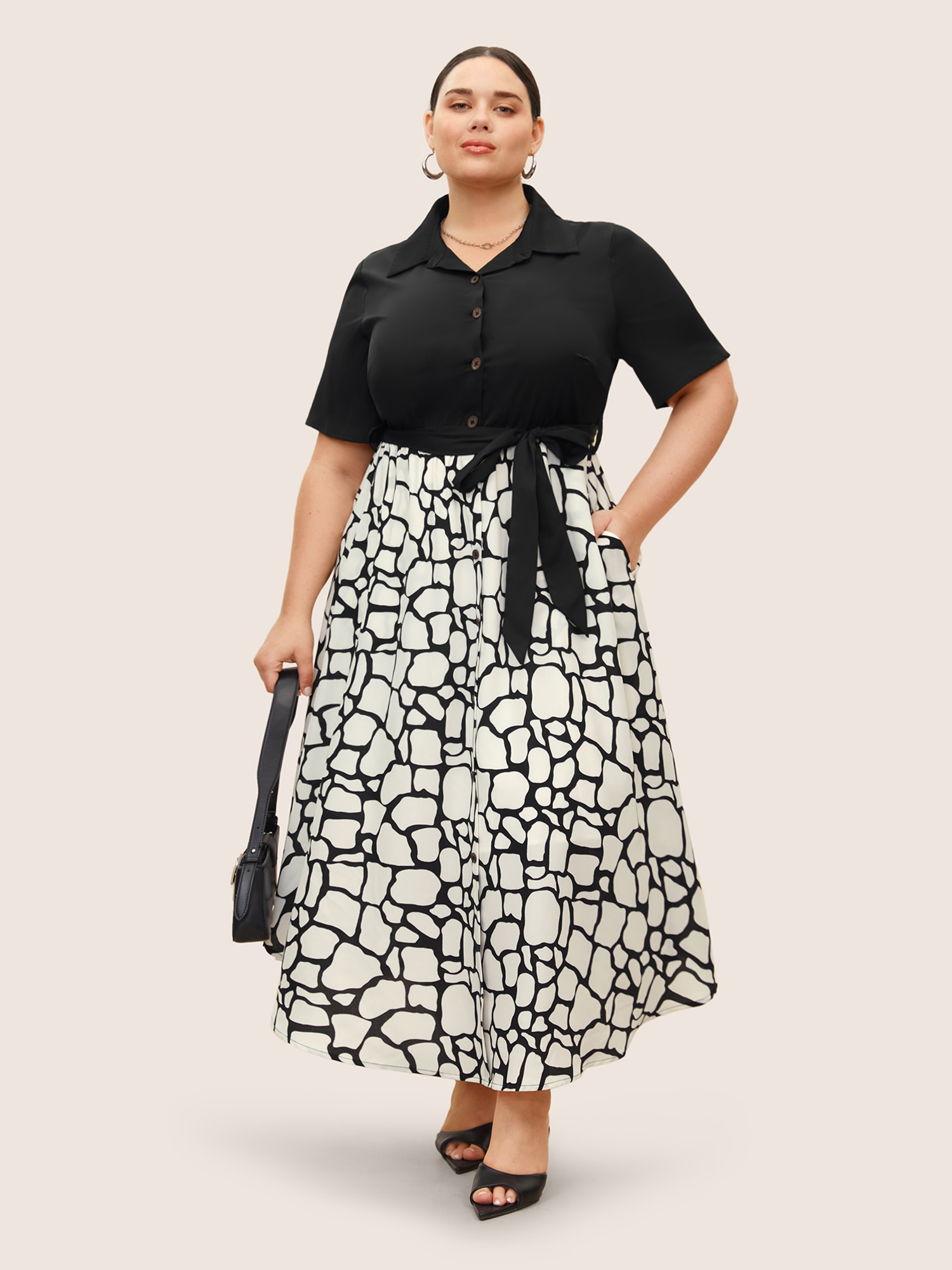 

Plus Size Geometric Patchwork Button Up Belted Dress Black Women At the Office Belted Shirt collar Short sleeve Curvy BloomChic