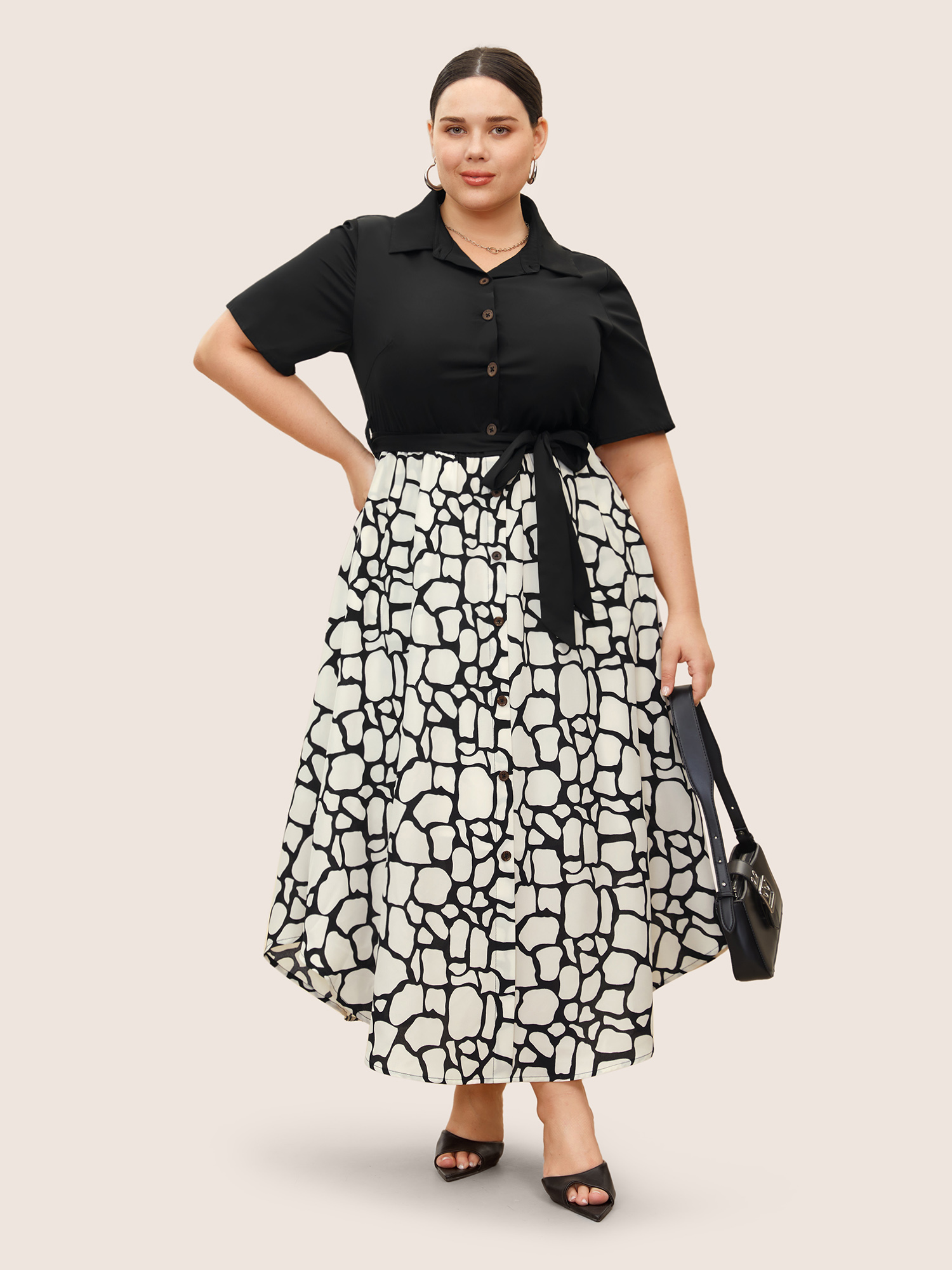 

Plus Size Geometric Patchwork Button Up Belted Dress Black Women At the Office Belted Shirt collar Short sleeve Curvy BloomChic