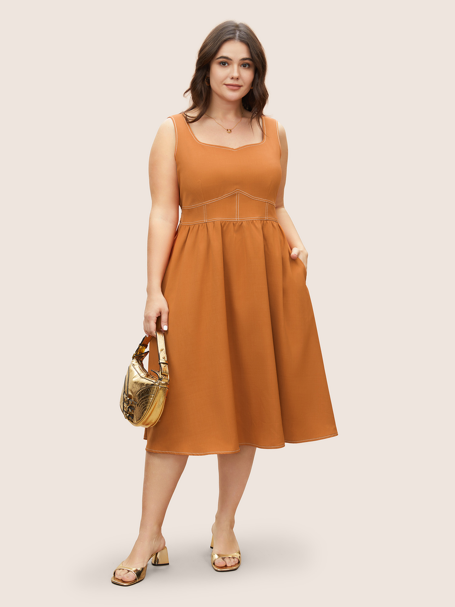 

Plus Size Heart Neckline Plain Elastic Waist Tank Dress Orange Women At the Office Non Heart neckline Sleeveless Curvy BloomChic