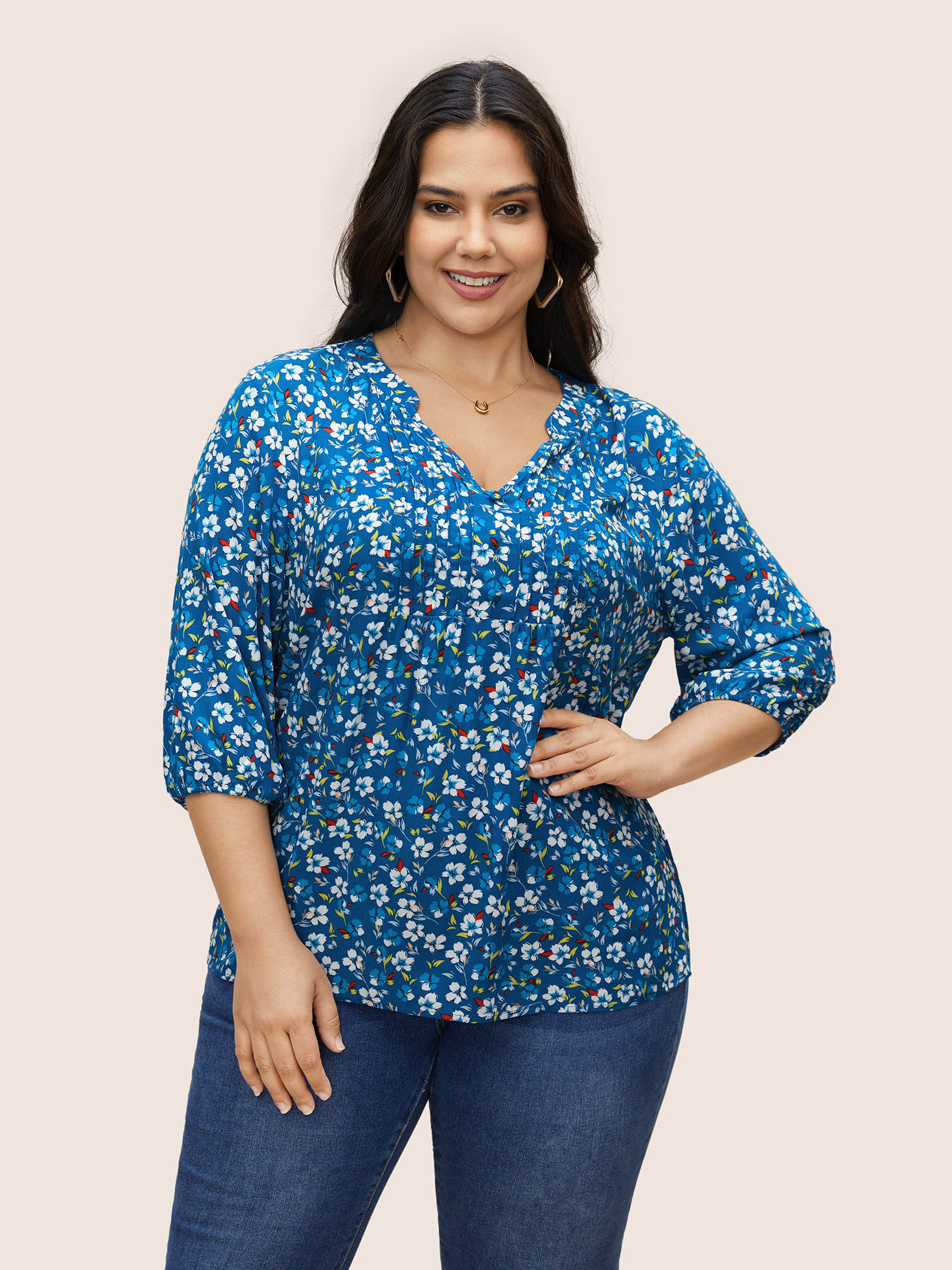 

Plus Size Brightblue Floral Notched Pleated Lantern Sleeve Blouse Women Elegant Elbow-length sleeve V-neck Everyday Blouses BloomChic