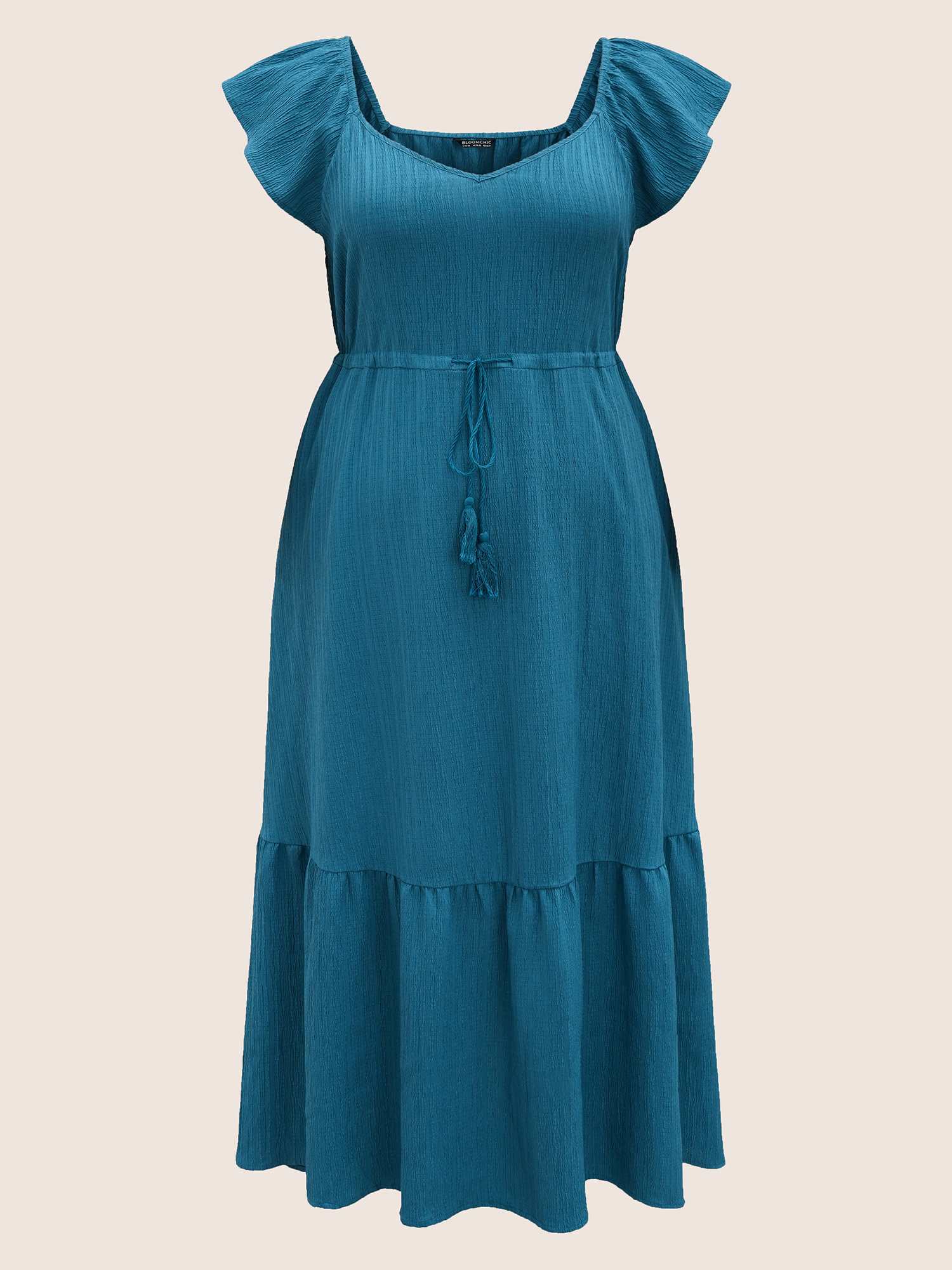 

Plus Size Texture Drawstring Tie Knot Tassels Dress Cerulean Women Resort Tie knot V-neck Cap Sleeve Curvy BloomChic