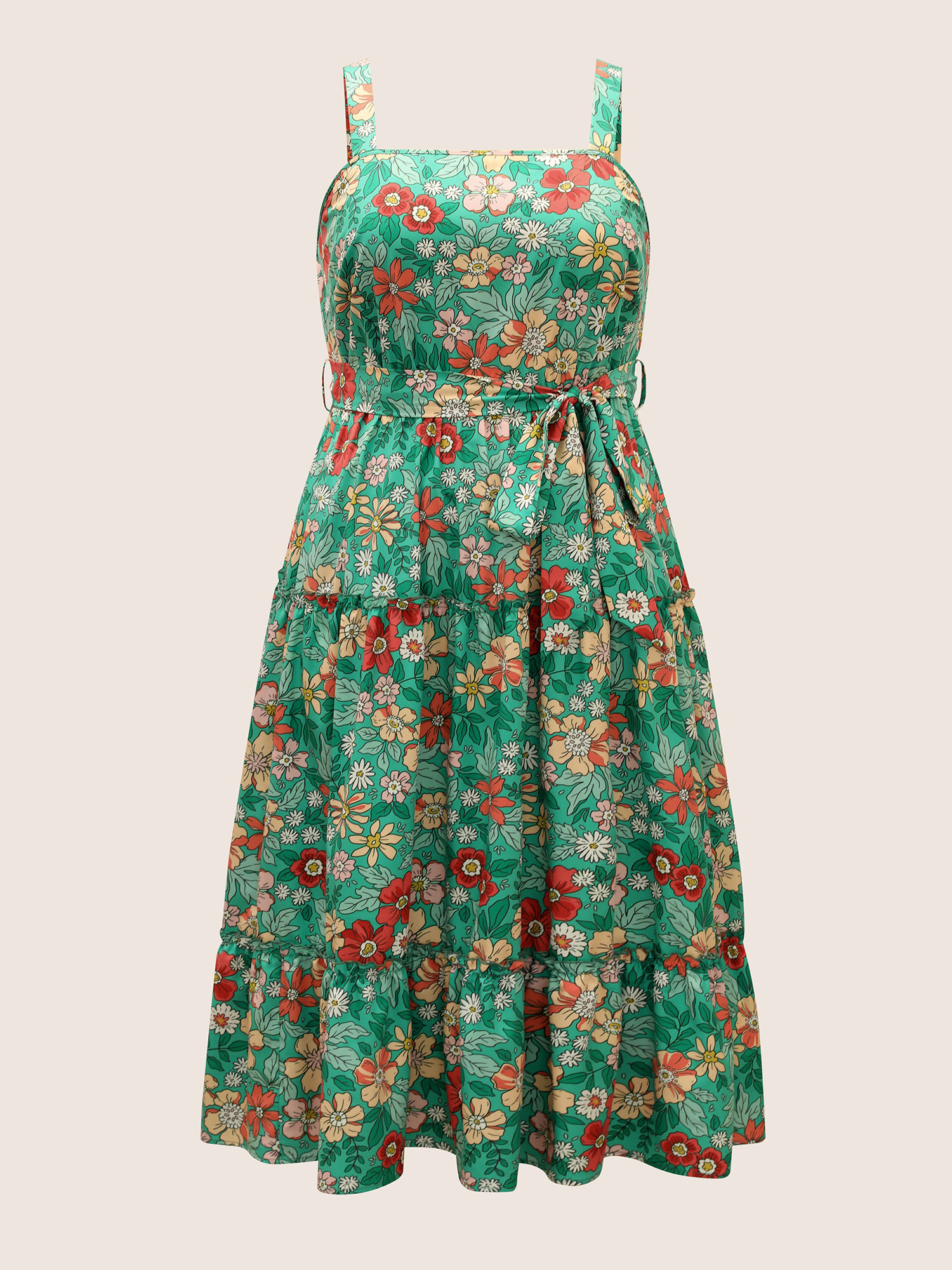 

Plus Size Floral Print Frill Trim Elastic Waist Cami Dress Emerald Women Belted Non Sleeveless Curvy BloomChic