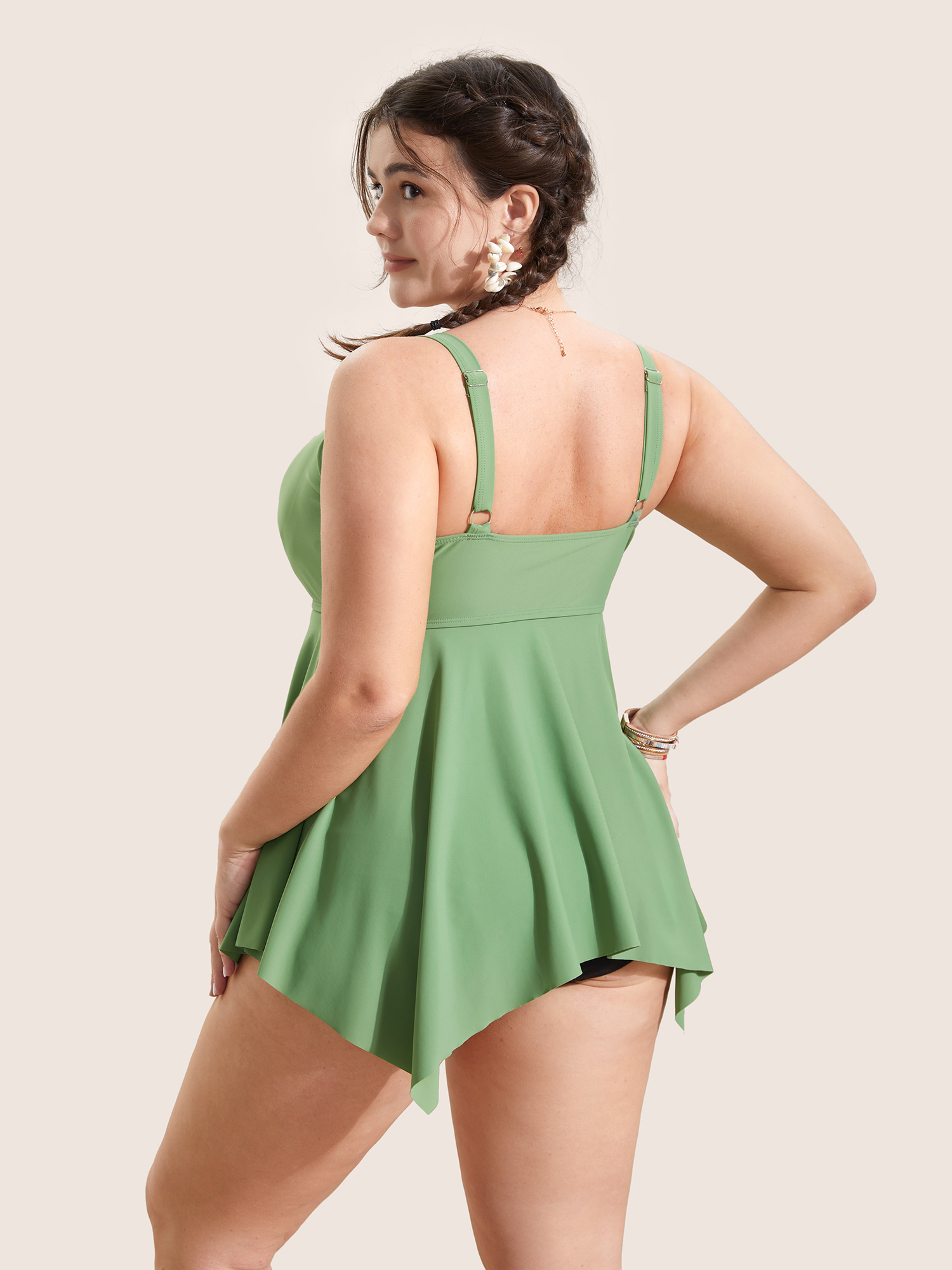 

Plus Size Plain Drawstring Ruched Adjustable Straps Swim Top Women's Swimwear Moss Beach Drawstring High stretch Bodycon Heart neckline Curve Swim Tops BloomChic