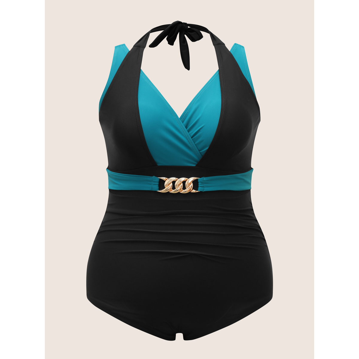 

Plus Size Two Tone Metal Chain Detail One Piece Swimsuit Women's Swimwear Teal Beach Gathered Curve Bathing Suits High stretch One Pieces BloomChic