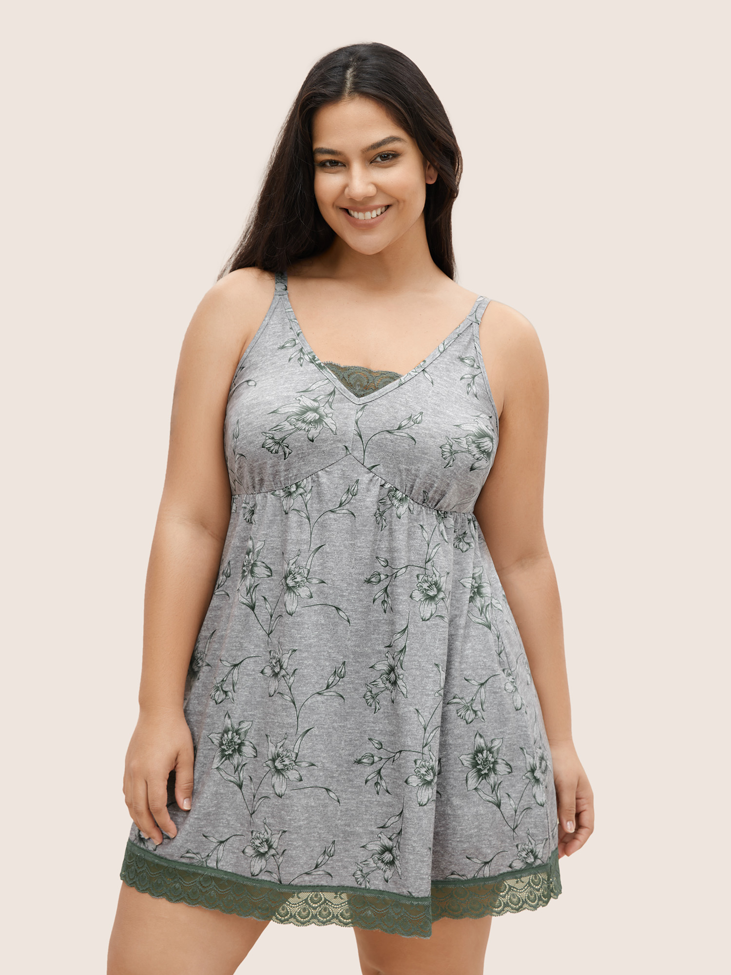 

Plus Size Floral Print Patchwork Lace Panel Sleep Dress Green Sleeveless V-neck Elegant Everyday  Bloomchic