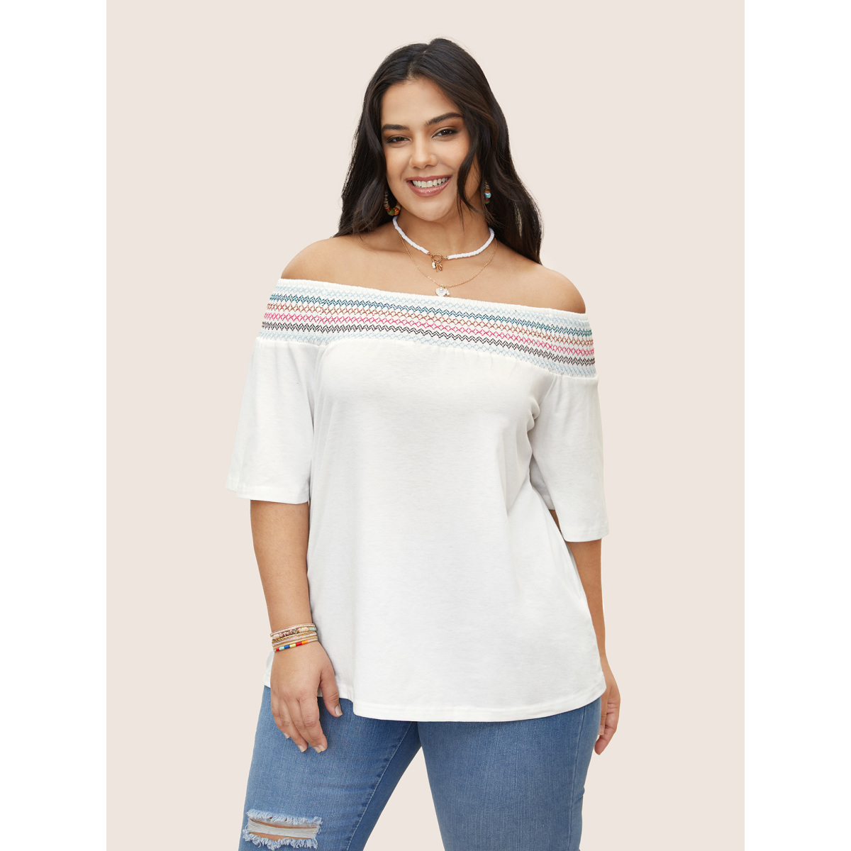 

Plus Size Colored Shirred Off Shoulder T-shirt White Women Resort Topstitching One-shoulder neck Vacation T-shirts BloomChic