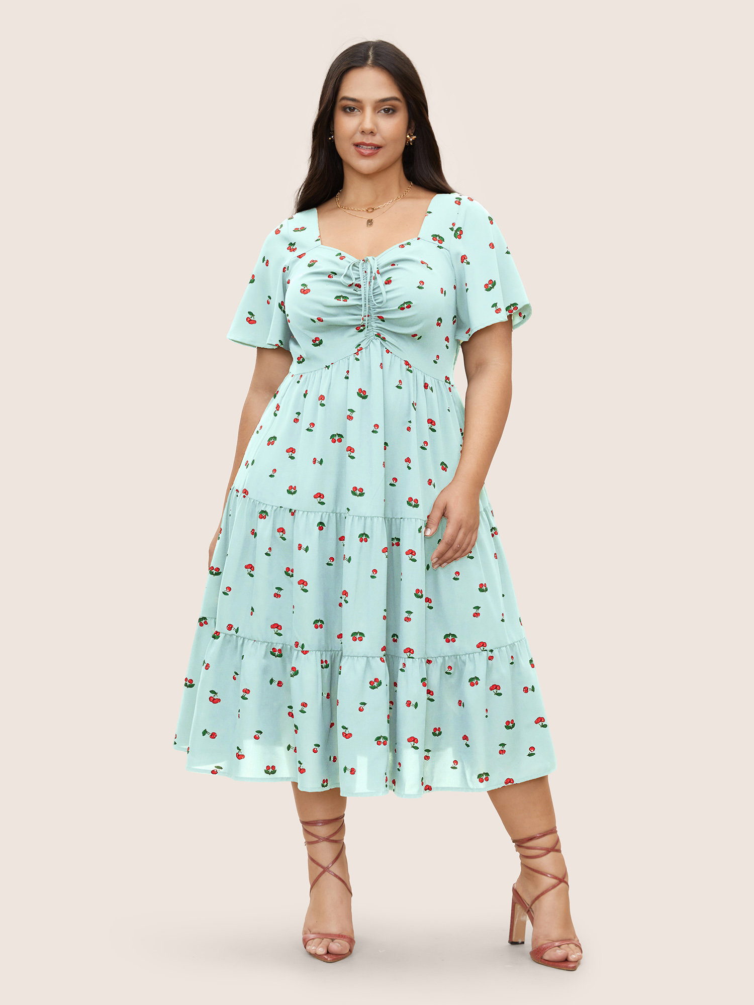 

Plus Size Citrus Fruit Print Heart Neckline Drawstring Pleated Dress LightBlue Women Elegant Pleated Heart neckline Short sleeve Curvy Midi Dress BloomChic