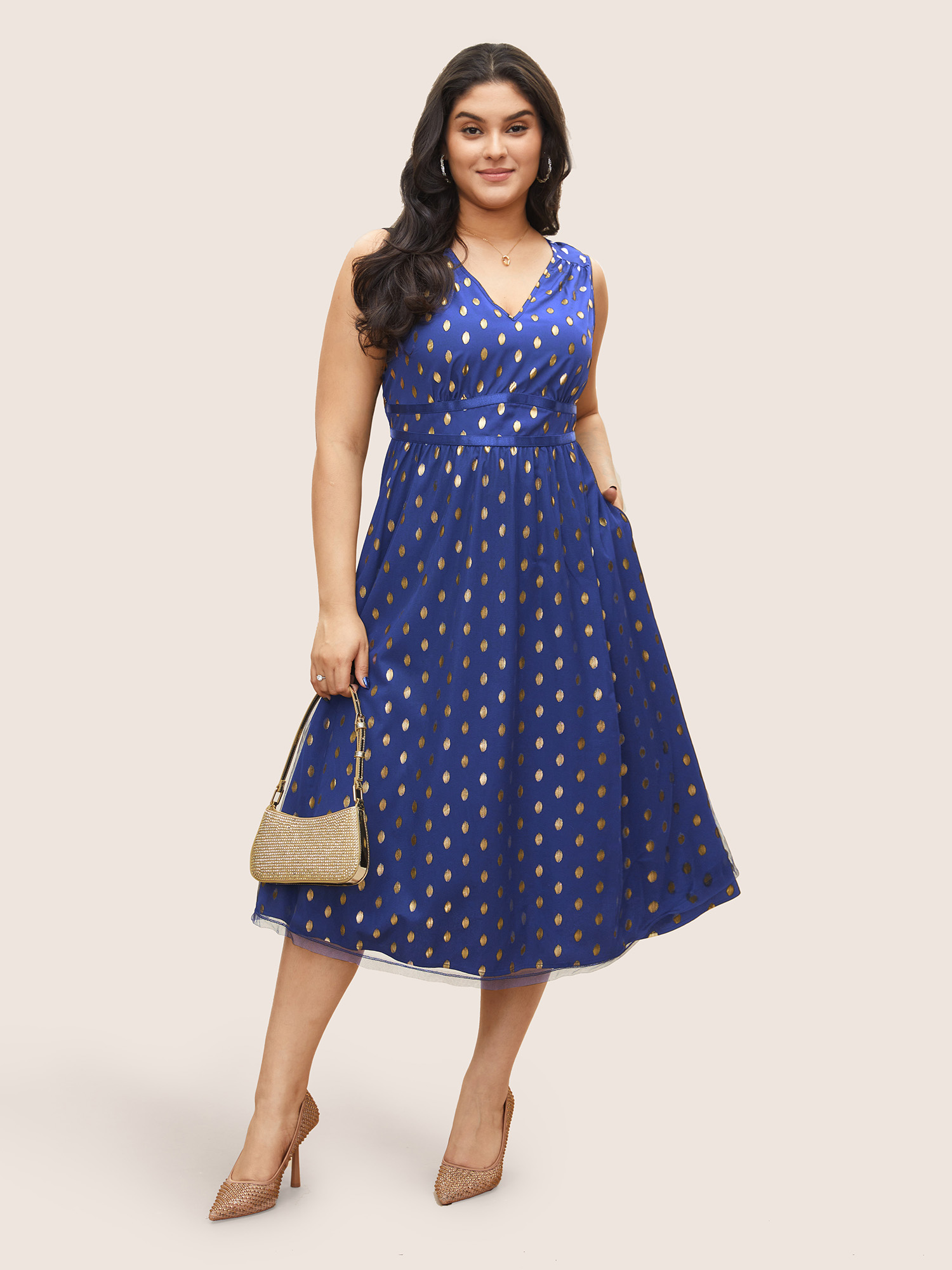 

Plus Size Glitter Polka Dot Pocket Patchwork Tank Dress Navy Women Cocktail Non V-neck Sleeveless Curvy Midi Dress BloomChic