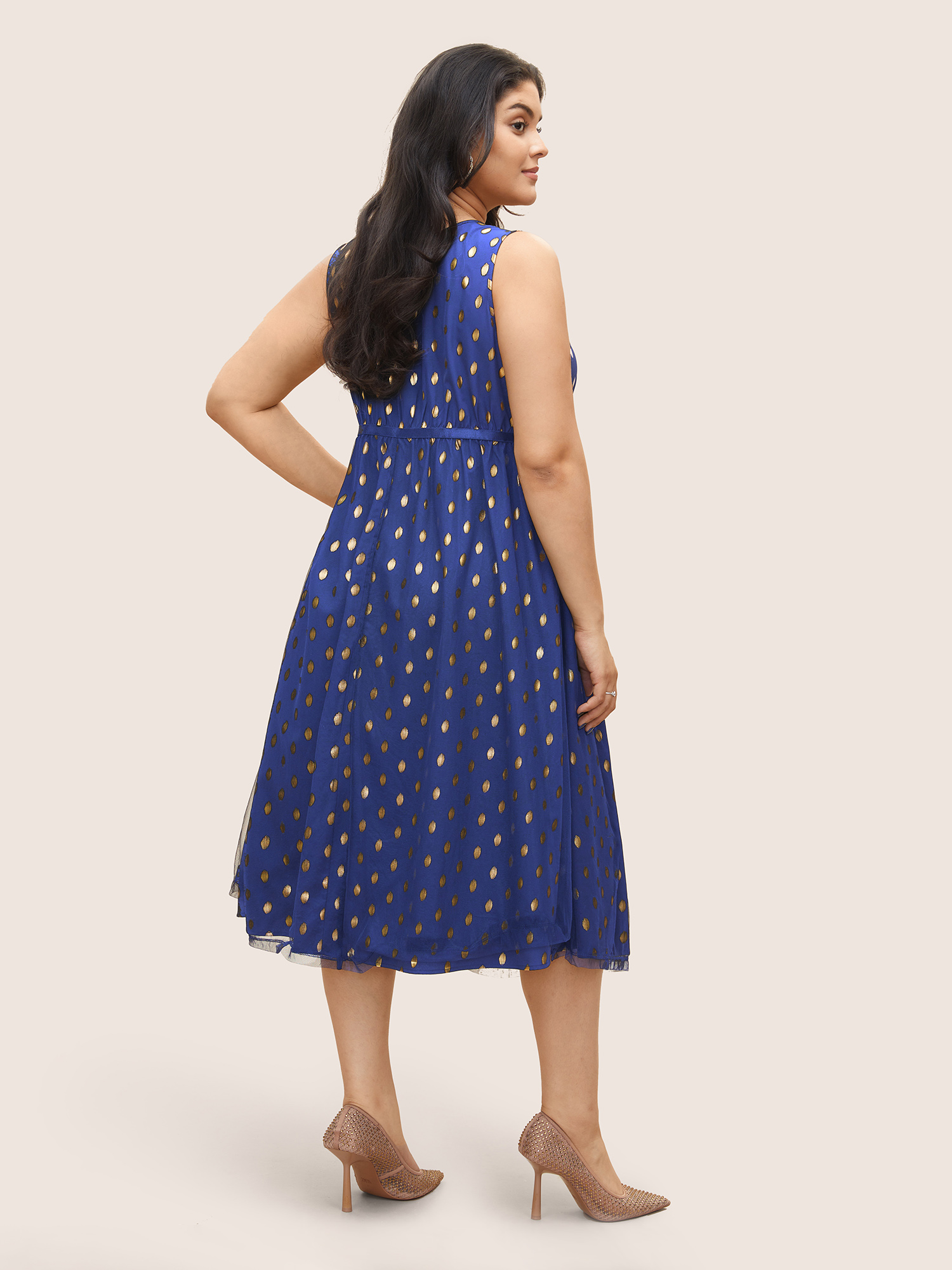 

Plus Size Glitter Polka Dot Pocket Patchwork Tank Dress Navy Women Cocktail Non V-neck Sleeveless Curvy Midi Dress BloomChic