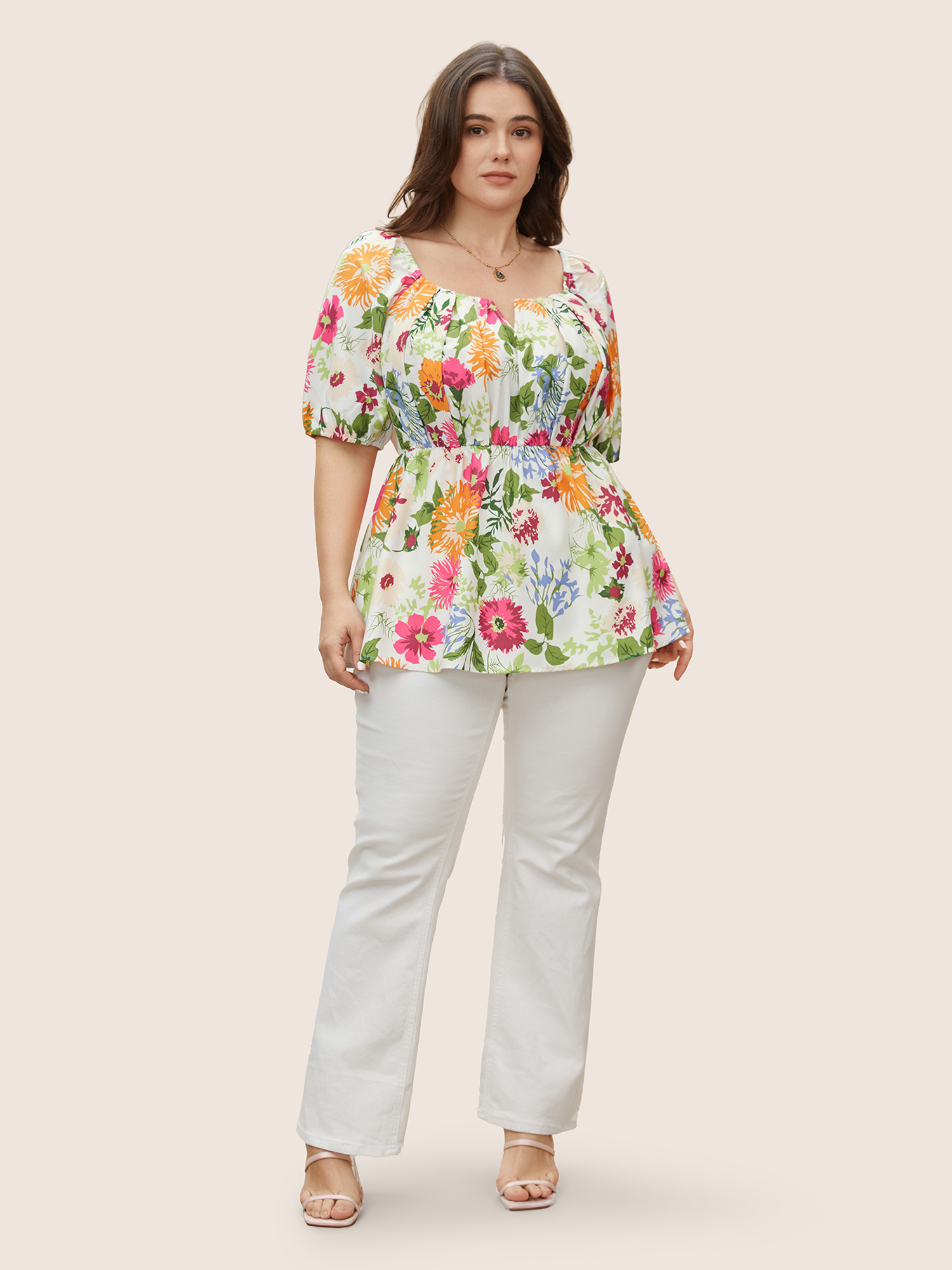 Plus Size Multicolor Floral Notched Collar Lantern Sleeve Blouse Women Elegant Half Sleeve Notched collar Everyday Blouses BloomChic 30/6X 