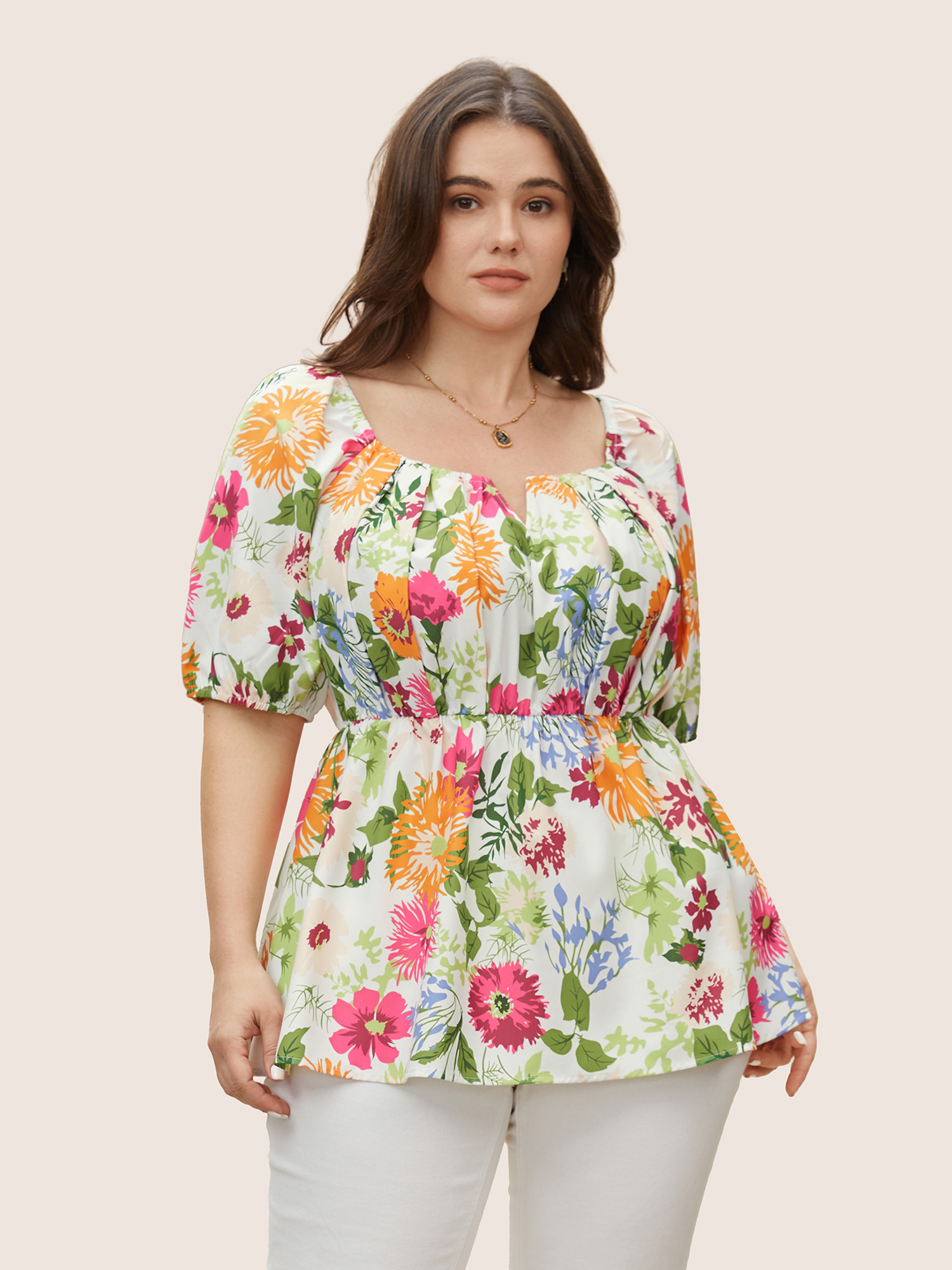 Plus Size Multicolor Floral Notched Collar Lantern Sleeve Blouse Women Elegant Half Sleeve Notched collar Everyday Blouses BloomChic 30/6X 