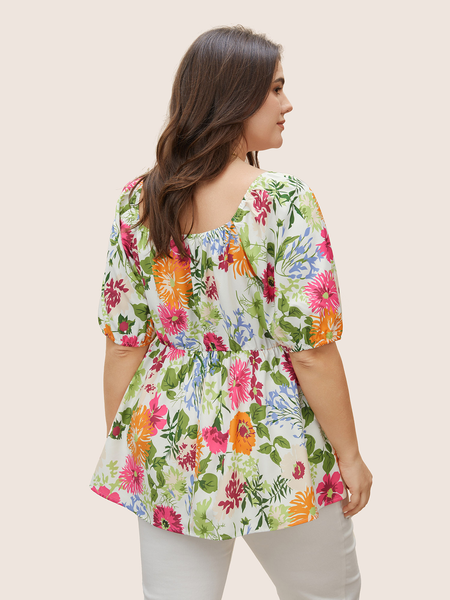 Plus Size Multicolor Floral Notched Collar Lantern Sleeve Blouse Women Elegant Half Sleeve Notched collar Everyday Blouses BloomChic 30/6X 