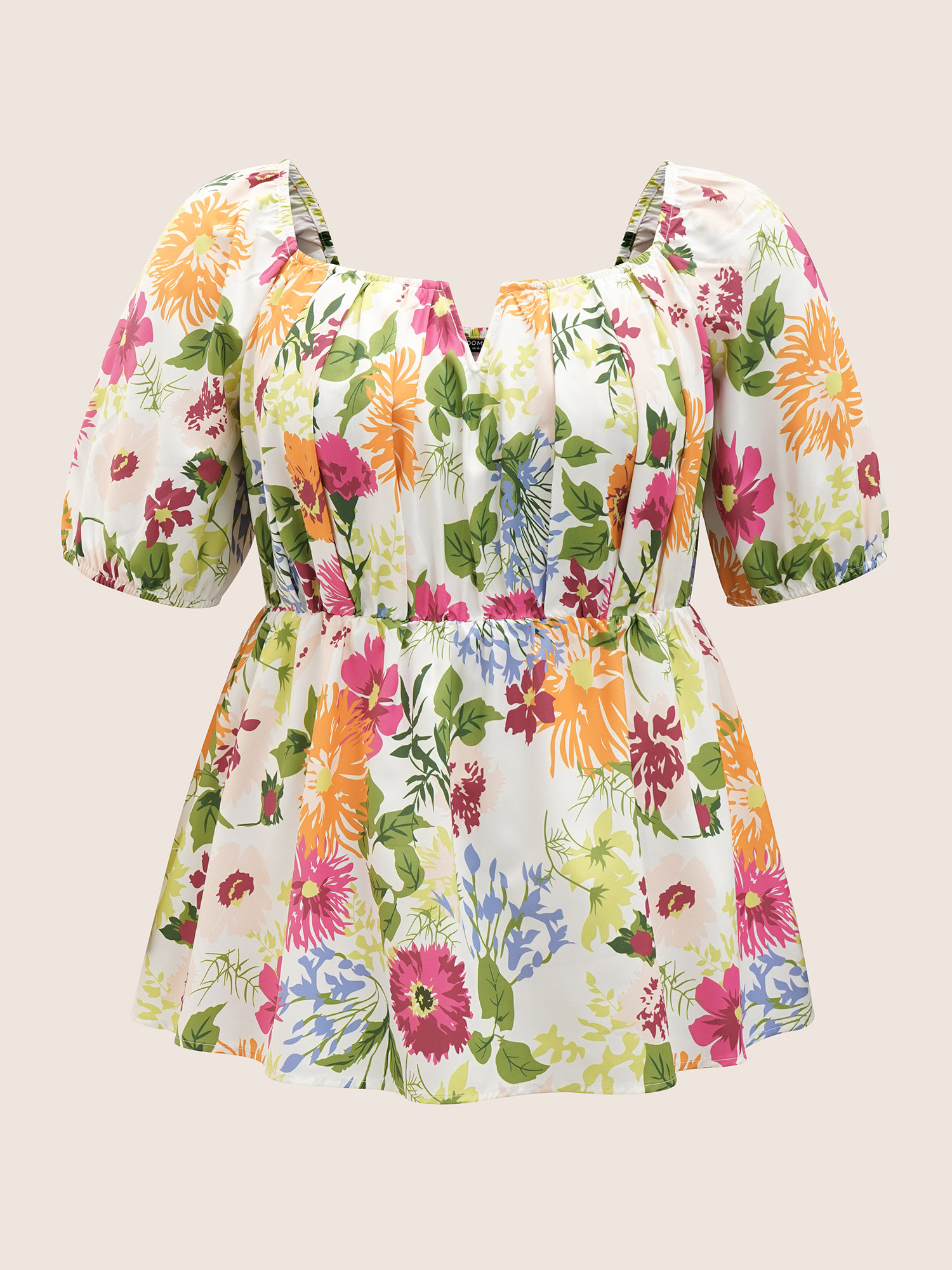 Plus Size Multicolor Floral Notched Collar Lantern Sleeve Blouse Women Elegant Half Sleeve Notched collar Everyday Blouses BloomChic 30/6X 