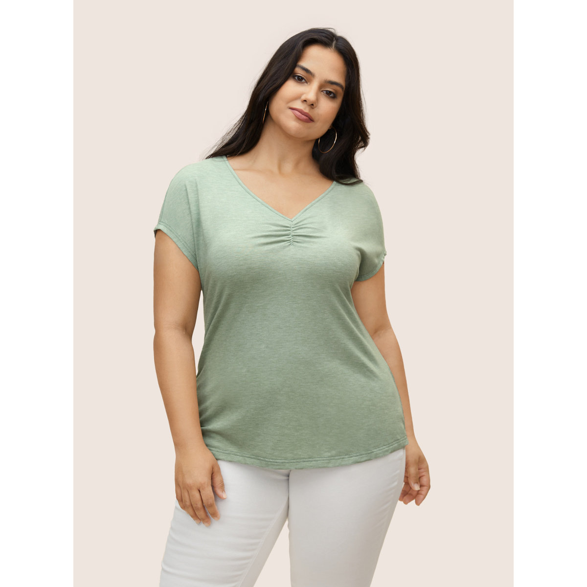 

Plus Size Solid Heather Ruched Dolman Sleeve T-shirt LightGreen Women Casual Gathered V-neck Everyday T-shirts BloomChic