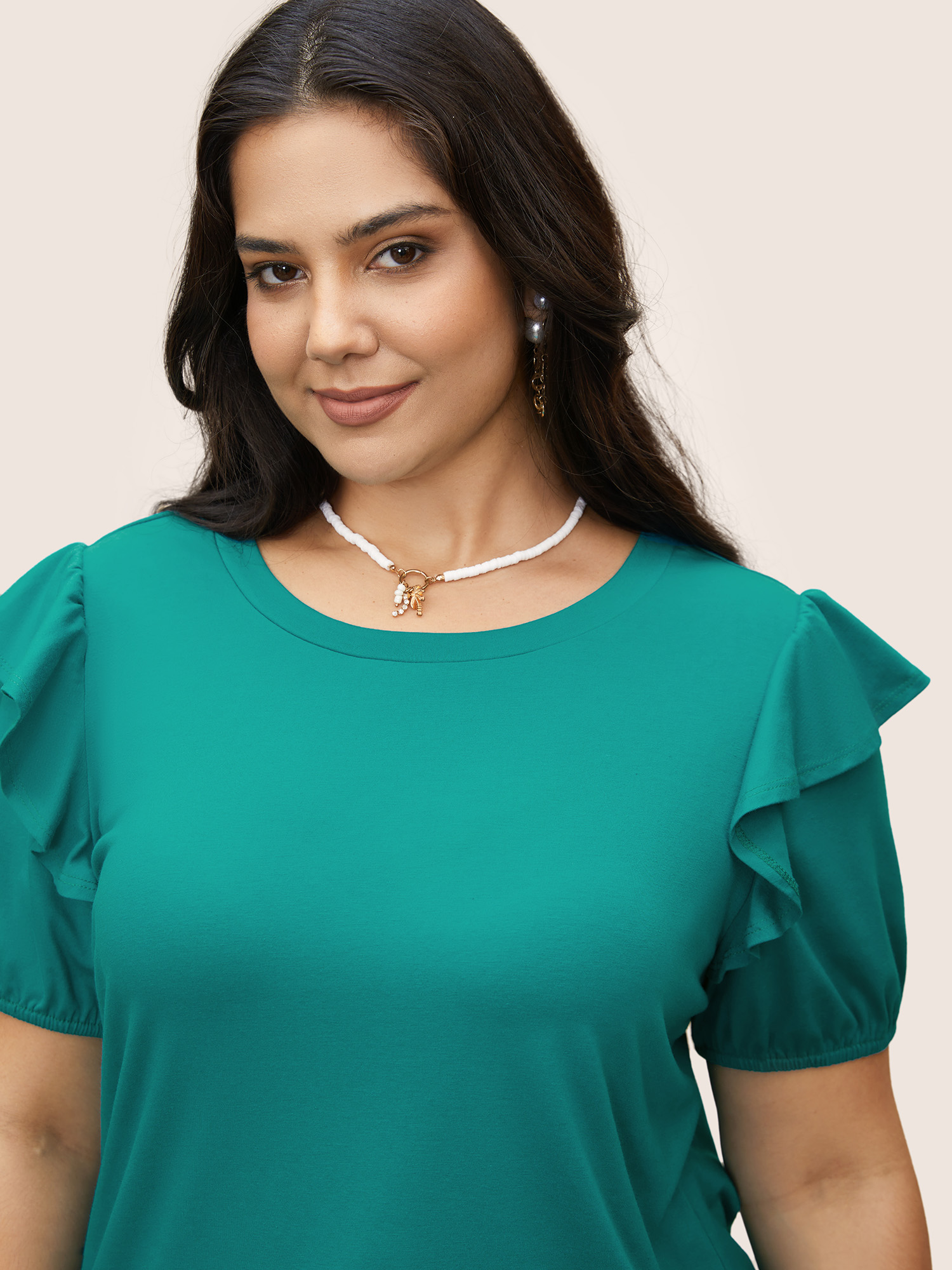 

Plus Size Solid Lantern Sleeve Ruffle Trim T-shirt Emerald Women Elegant Ruffles Round Neck Everyday T-shirts BloomChic